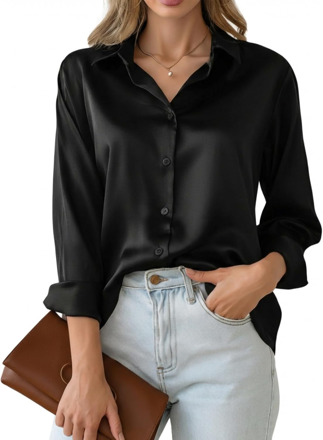 Women's Satin Silk Button Down Shirts Silky Long Sleeve Office Work Shirt Business Casual Blouses Tops