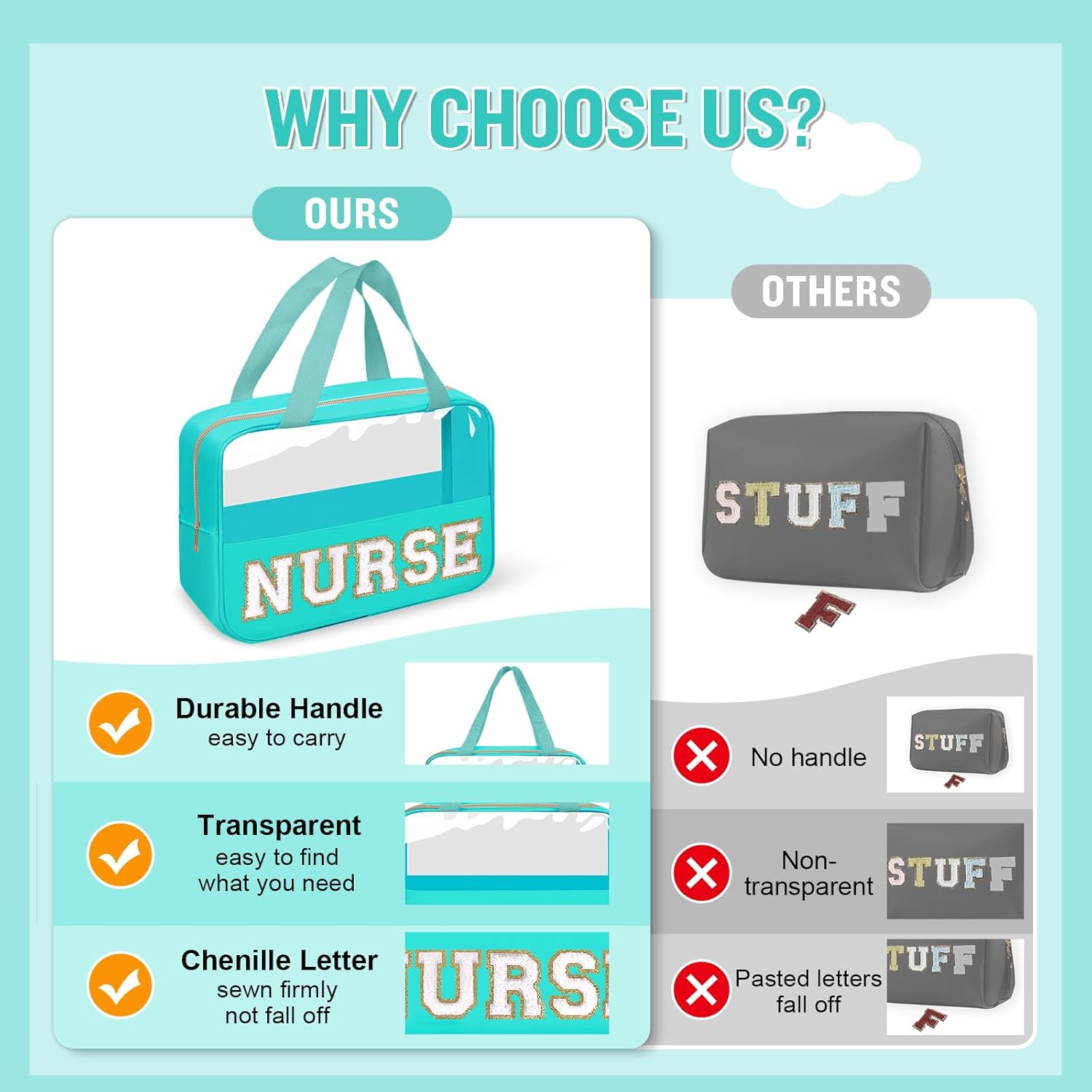 Nurses Week Gifts Chenille Letter NURSE Makeup Bag for Women,Preppy Nurse Cosmetic Pouch Zipper with Handle Nurse Essentials Bag for Work Supplies,Medical Assistant Bag Nursing Students(NURSE-Green) - Image 6