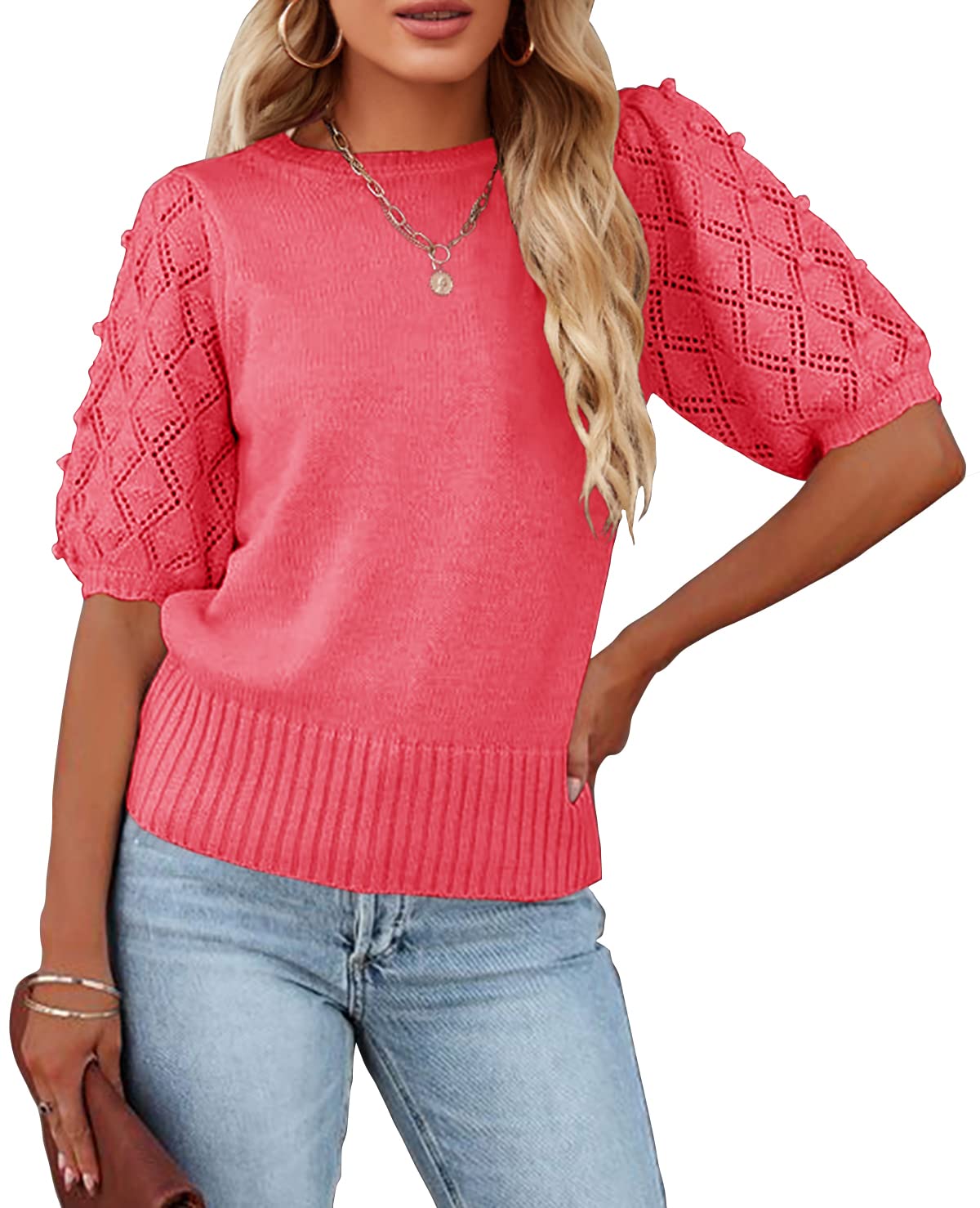 Nulibenna Womens Summer Puff Short Sleeve Sweater Tops Spring Casual Loose Knit Blouses Crew Neck Lightweight Pullover Shirts