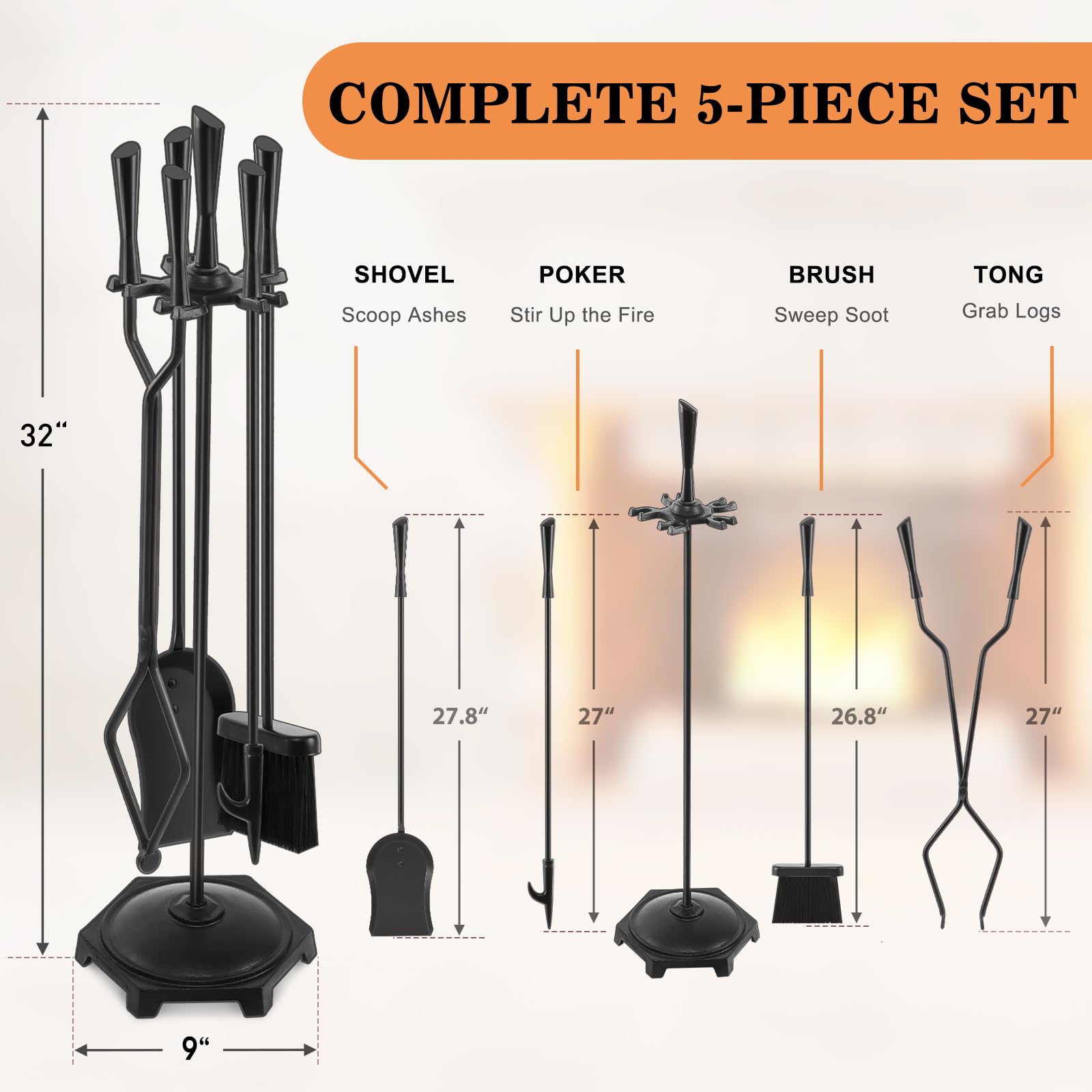Juego de herramientas para chimenea de hierro forjado, 5 piezas, para interiores y exteriores, con póquer de fuego, pala, cepillo rústico, color negro 2