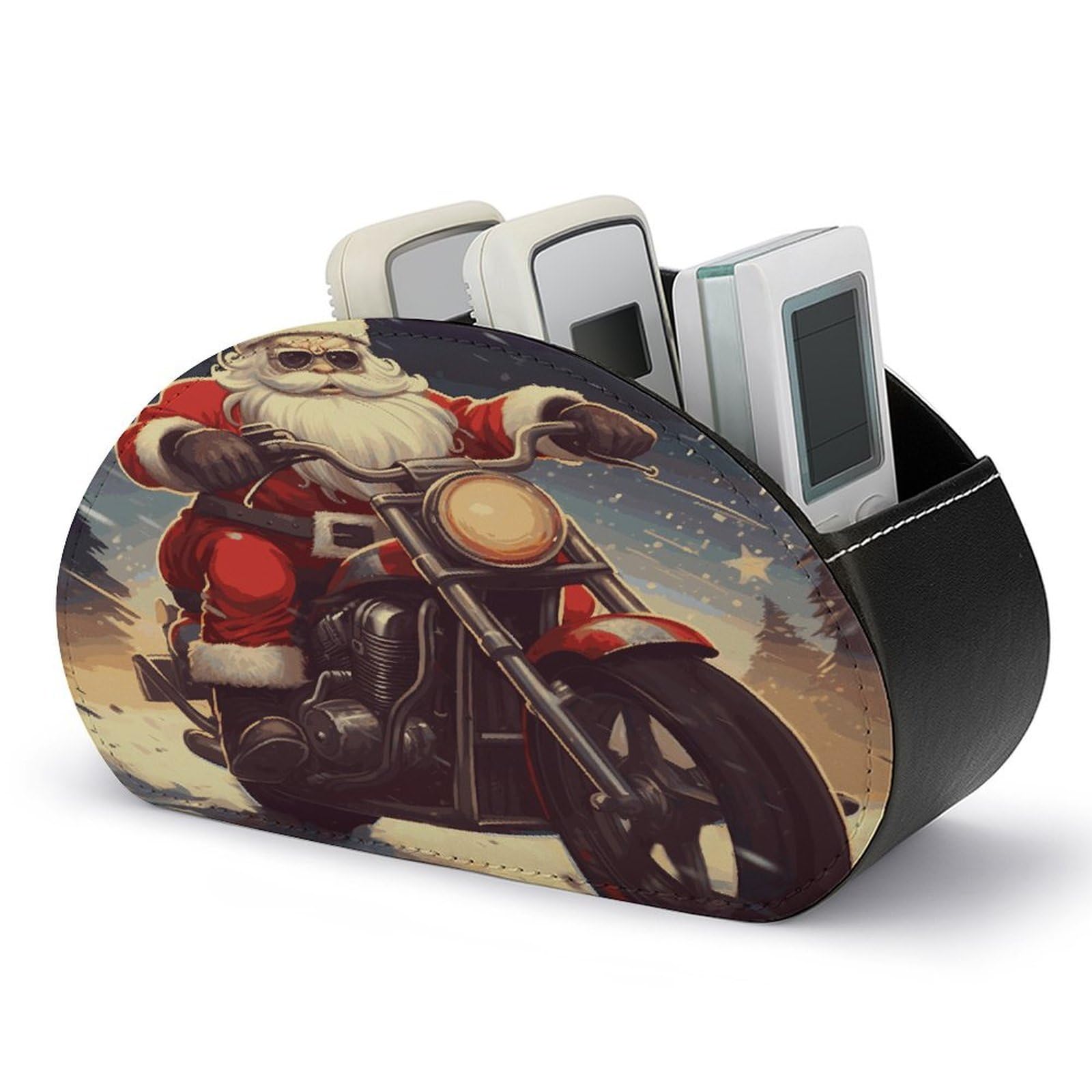 FekiLoot Santa Claus Biker Riding Remote Control Holder, PU Leather Remote Control Organizer Box Stationery Remote Control Box Desk Storage Organizer for DVDs,Glasses,Pens,Media Players