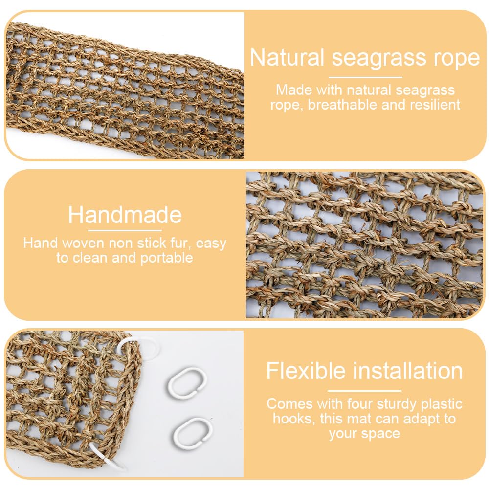 Seegras Hängematte 2 Stück 75 x 18 cm Seegrasmatte Vögel mit Haken, Seegras Hängematte für Nymphensittich, Hamster, Meerschweinchen, Ratten, Reptil Kletterseil-Leiter-Kauspielzeug
