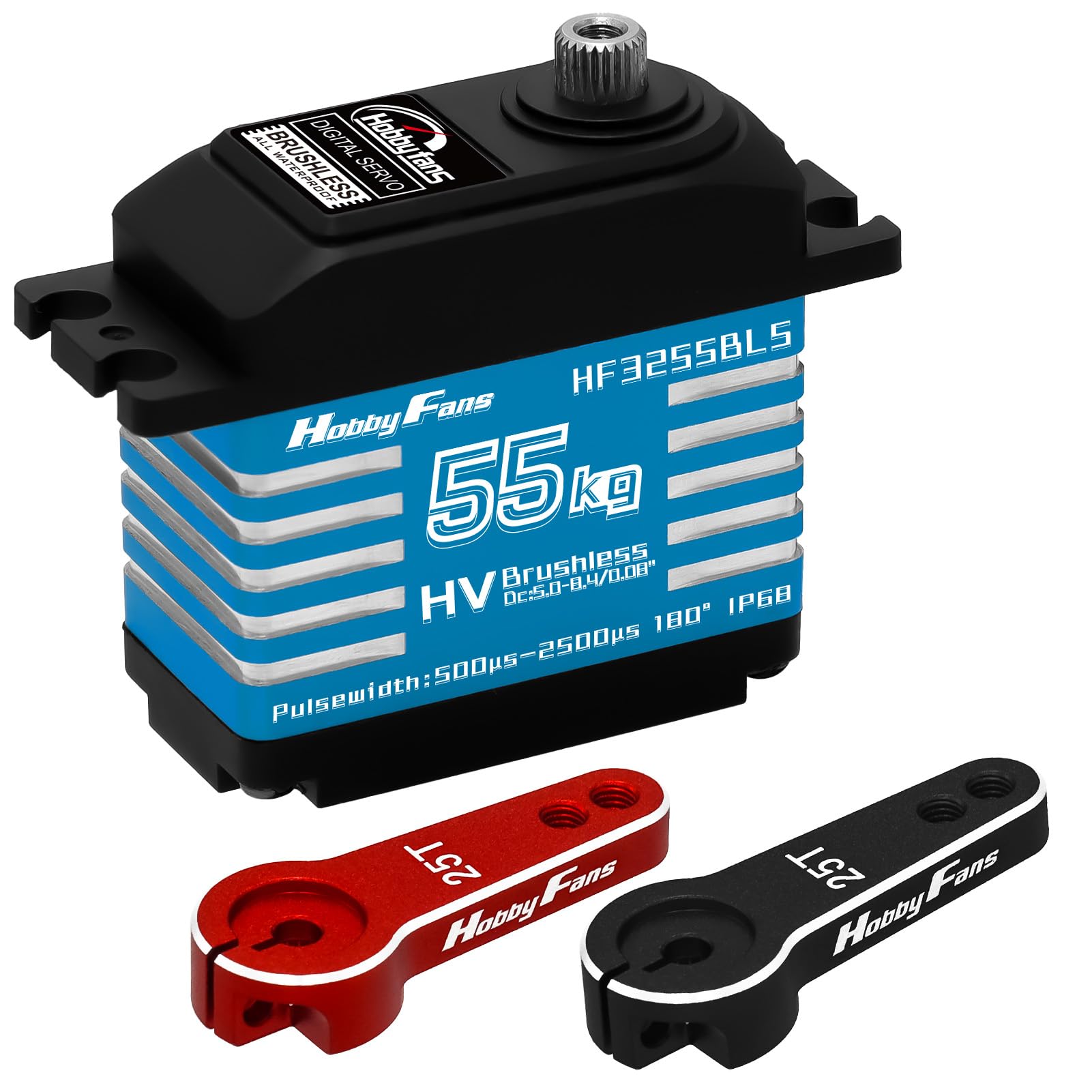 Hobby Fans RC Digital Servo, IP68 Waterproof 55KG Brushless Servo High Torque Metal Gear Servo with 2PCS 25T Servo Horn for 1/12 1/10 1/8 RC Car RC