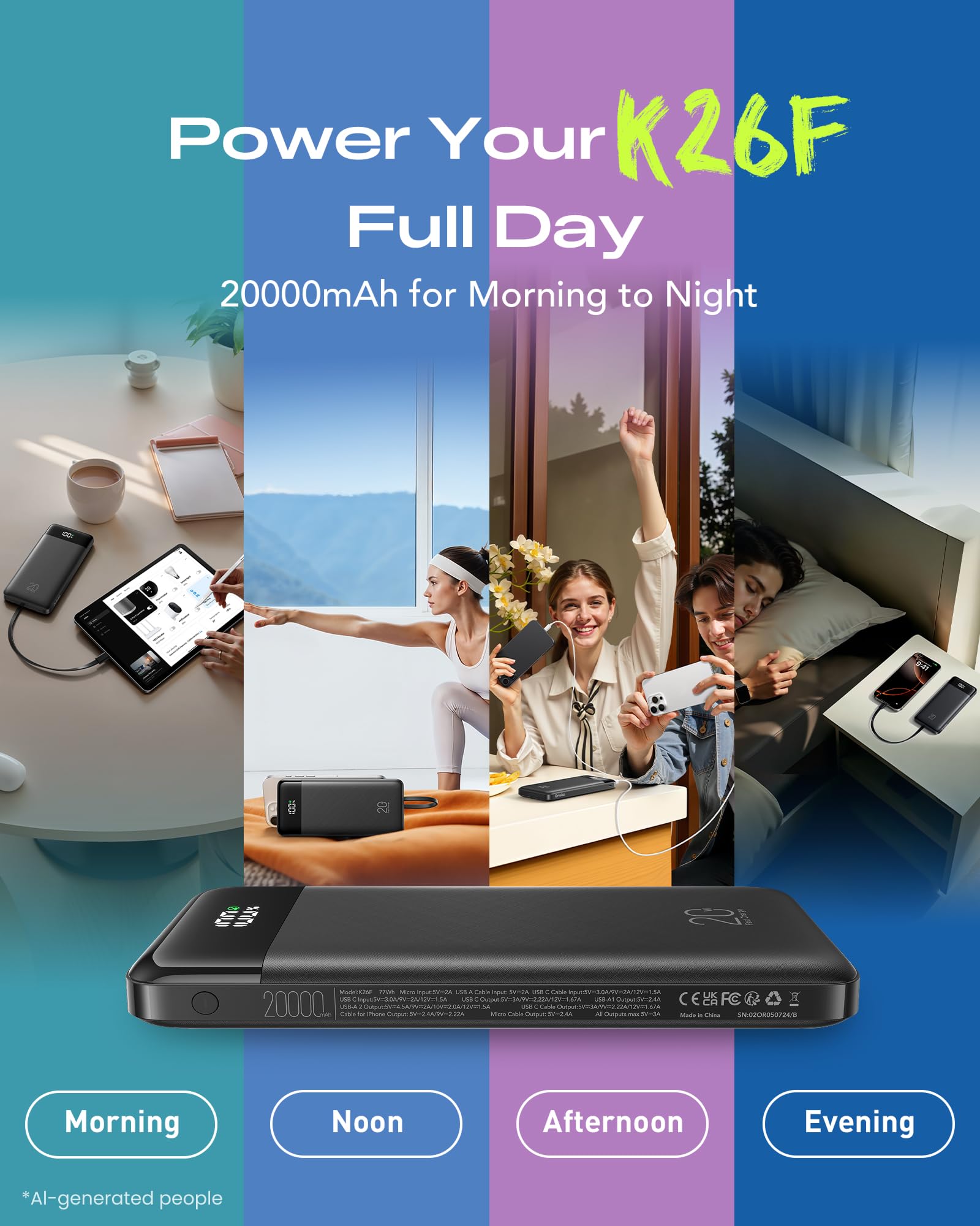 Orfeika Power Bank da 20000 mAh, ricarica rapida, caricabatterie portatile con 4 cavi integrati e 6 uscite, batteria PD USB C da 20 W, compatibile con iPhone 16/15, Galaxy, Android, iPad e altro