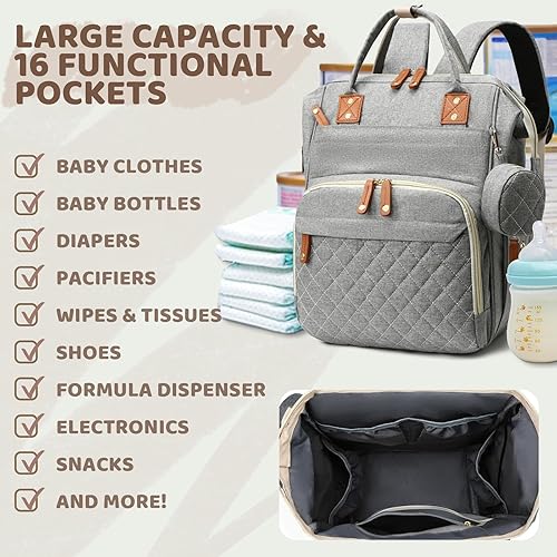Miniatura 2 de Mochila para pañales para niñas y niños bolsa de pañales gris para niños pequeños con cambiador, mochila para bebé, bolsa de pañales para papá