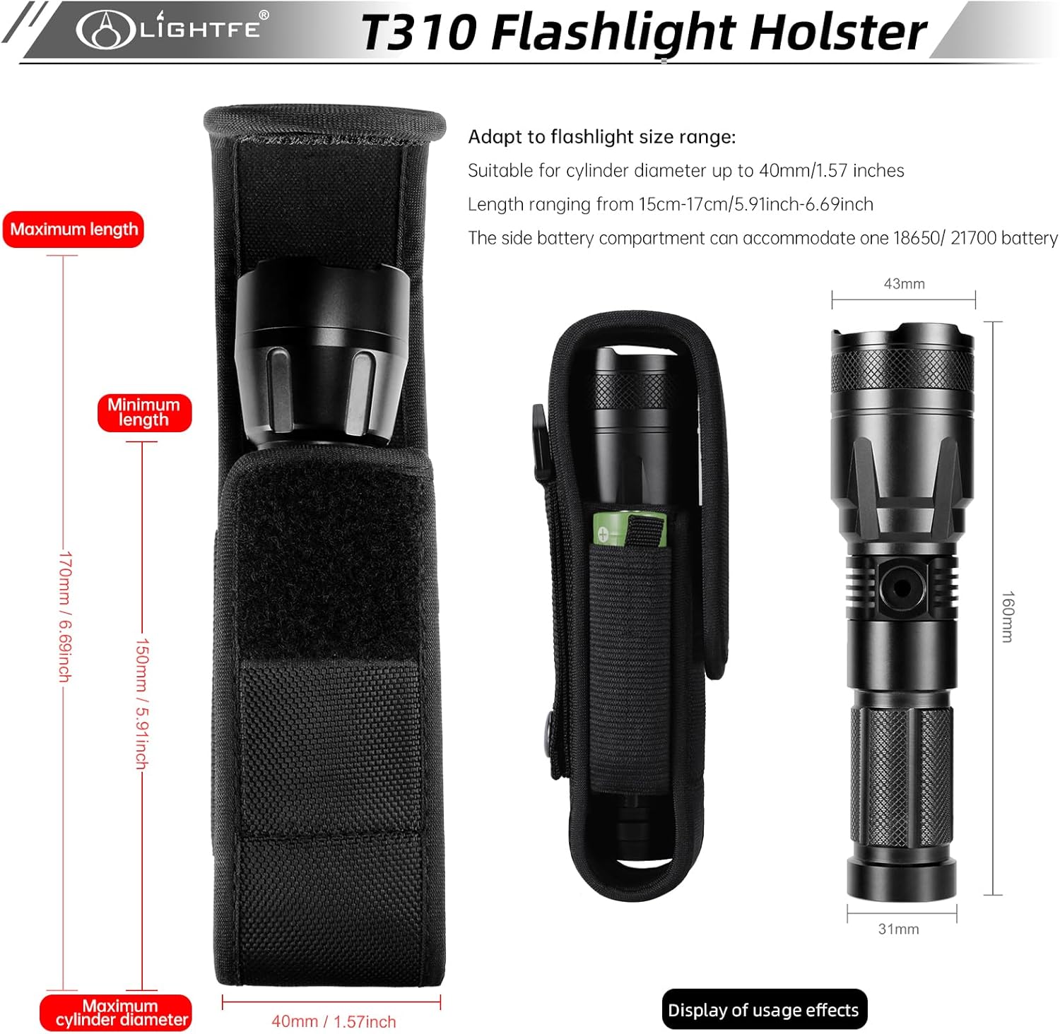 Flashlight Holster Tactical Flashlight Holster Flashlight Holder Molle, Adjustable Telescopic Flashlight Holster