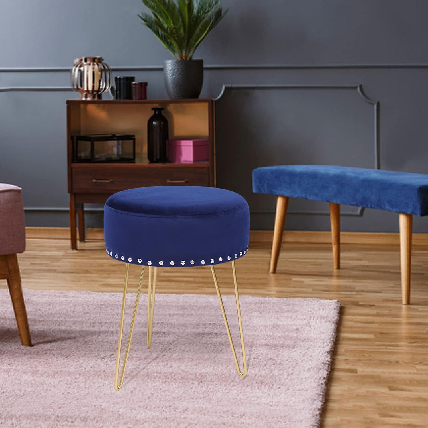 Joveco Round Vanity Stool Ottoman Footstool Velvet Dressing Stool with Gold Metal Legs, Upholstered Footrest Makeup Chair Side Table for Bedroom Living Room (Blue)
