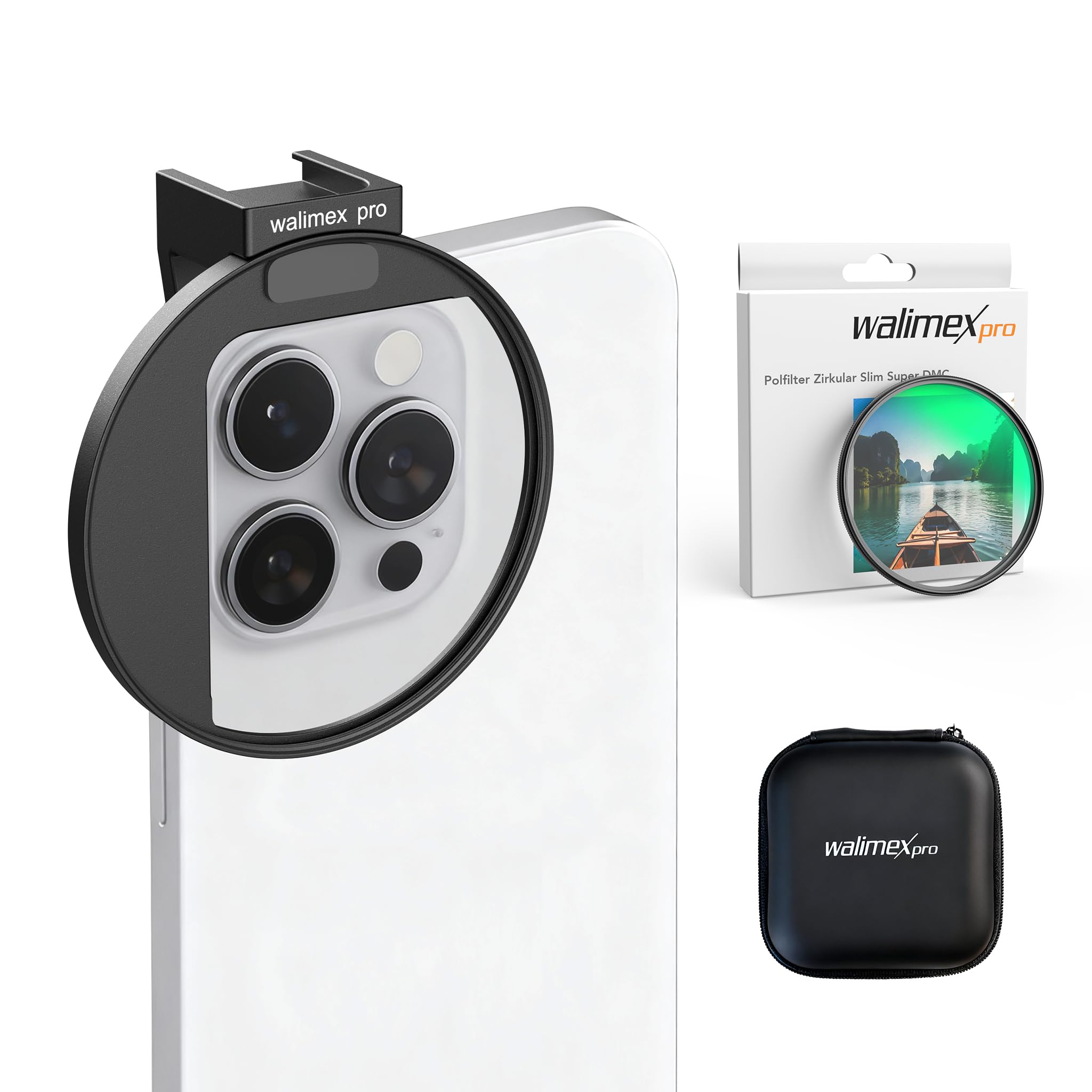 Walimex pro Uchwyt filtra 67 mm do telefonu, z filtrem polaryzacyjnym 67 mm, mocowanie typu zimna stopka do lampy LED i mikrofonu, akcesoria fotograficzne do profesjonalnej fotografii smartfonem