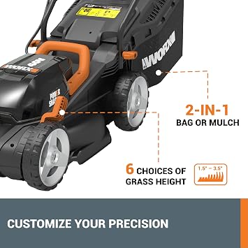 WORX 14 Cordless Lawn Mower, 2 in 1 Electric Mower Cuts Quietly, Compact & Lightweight Push Lawn Mower with 6-Position Height Adjustment for Small Yards, 2 Batteries & Charger Included, WG779