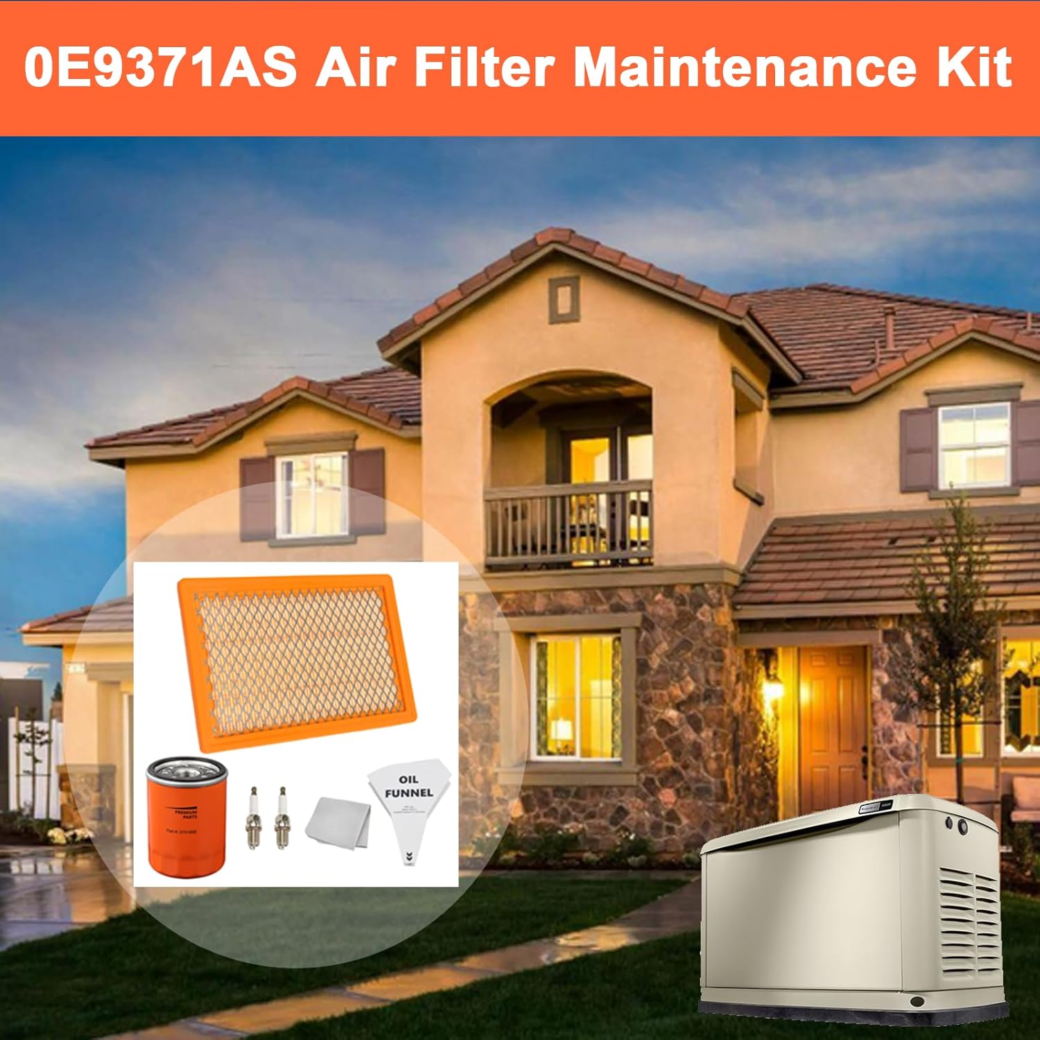 0E9371AS Air Filter Maintenance Kit for Gene-rac 410cc 530cc 8kW & 11kW 2013 Evolution Series V-Twin Engine Generators with Paper Funnel Oil Wipe