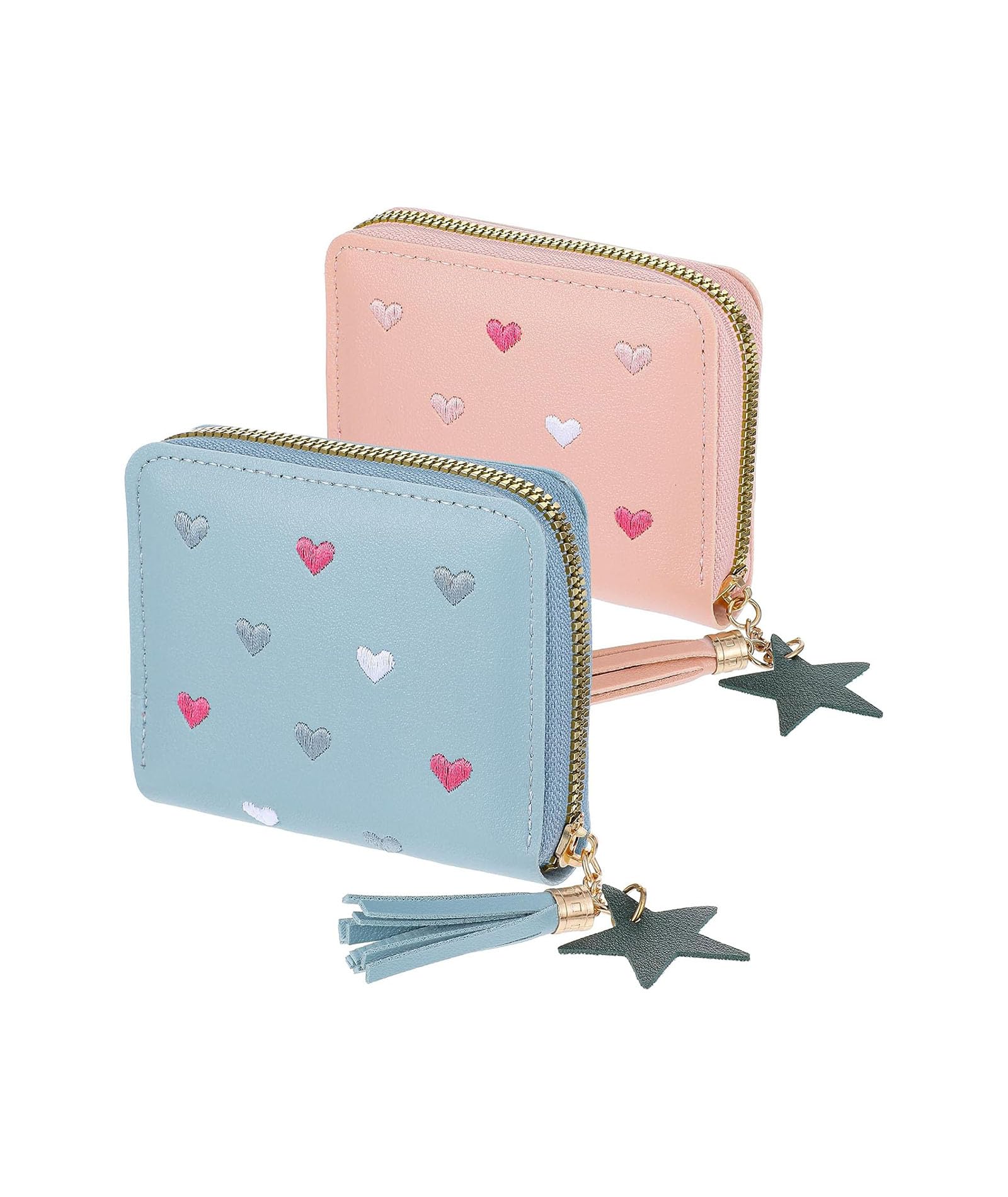 mittijoy 2PCS Small Purse for Women Mini, Chumbak Wallets for Women, Heart Tassel Zip Wallet for Cash Cards Coins, Set in Pink and Blue Colors-picture-13
