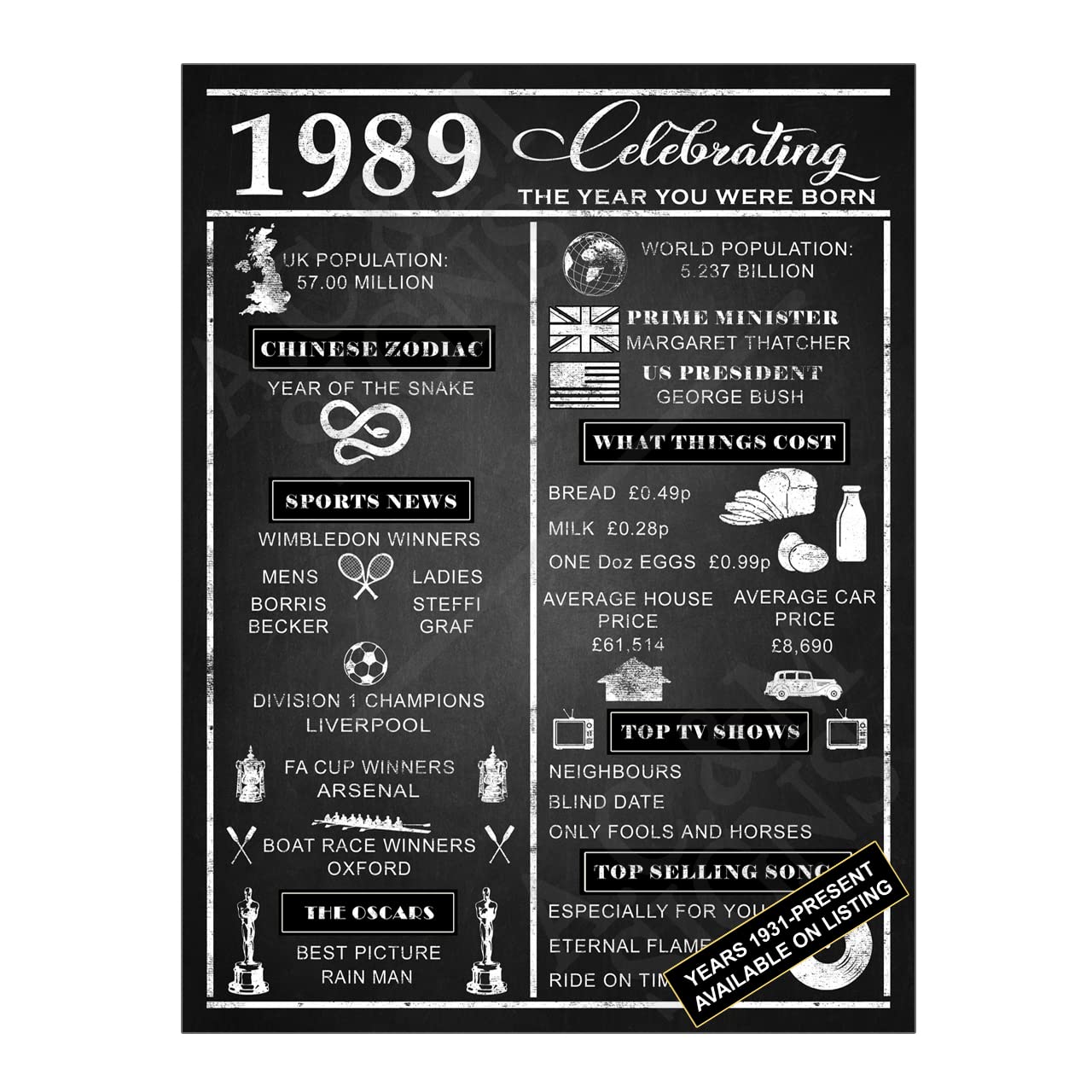 Metal Tin Sign Plaque Year You Were Born, 8x6 inches, Year 1989