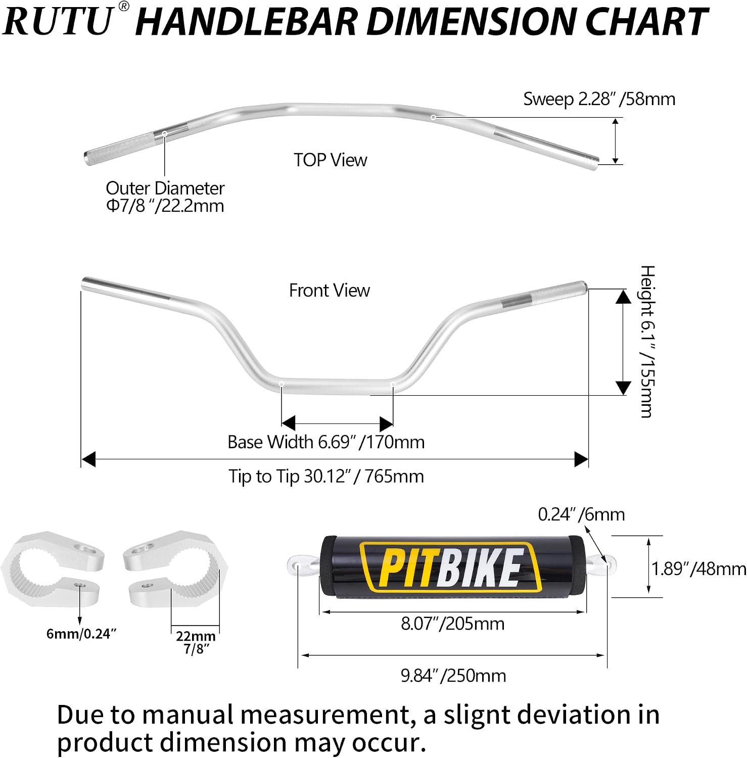 Handlebars 7/8 Inch for Motorcycle,RUTU Upgraded Universal Dirt Bike Handle Bar with Crossbar Pad Mid-Rise Mini Bike Pit Bike Handlebar for Motocross ATV Quad - Silver