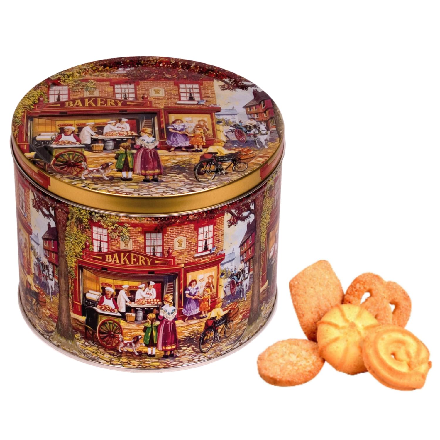 Biscotti in Latta di Metallo Tonda Jacobsens Bakery Decorata a Rilievo | Biscotti al Burro Danesi - 1 Kg | Lattine Biscotti