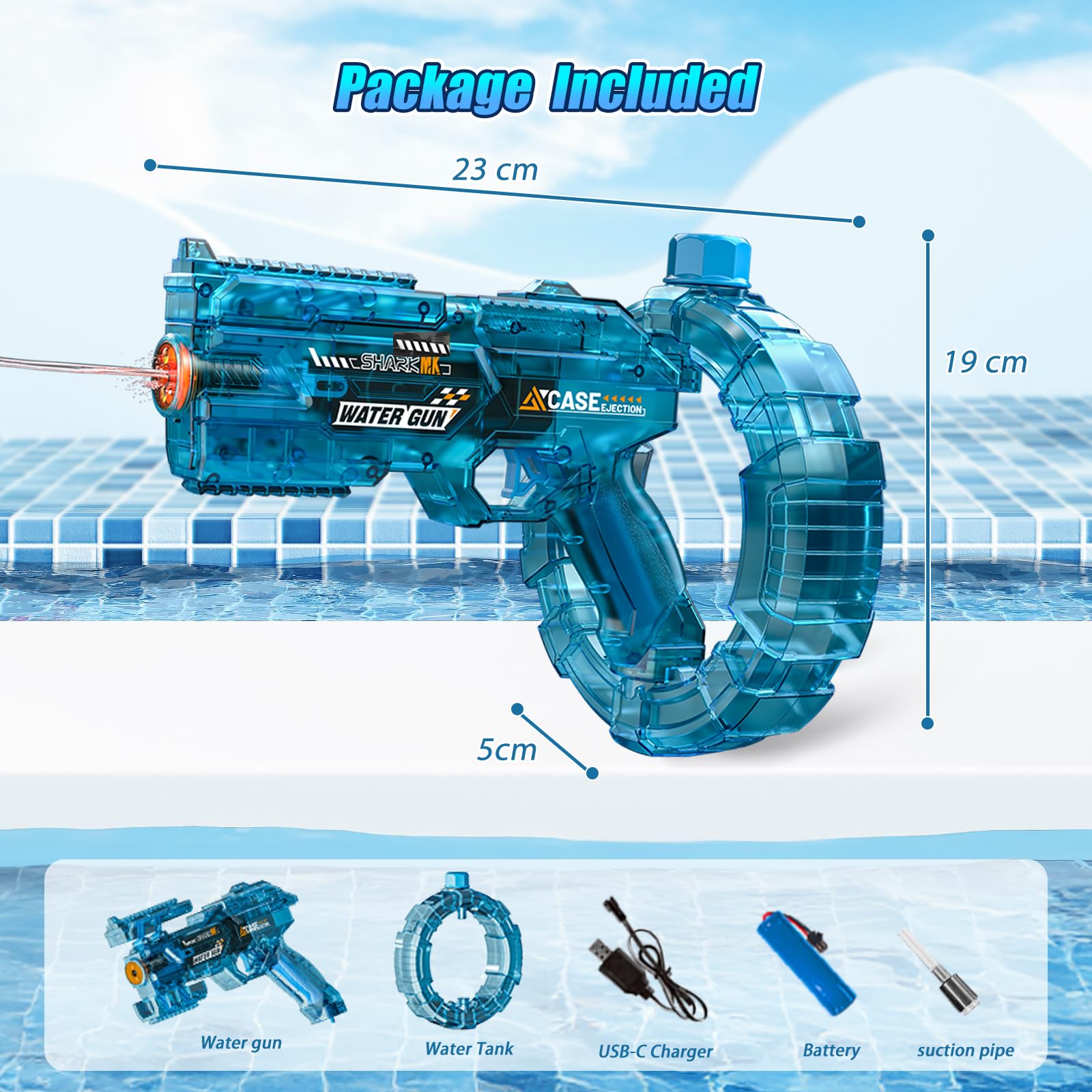Pistola Elettrica ad Acqua per Adulti Bambini, Pistola ad Acqua Con Effetti Lampeggianti a Led, Fucile ad Acqua Automatico A Lunga Gittata per Feste, Piscina, Spiaggia (blu)