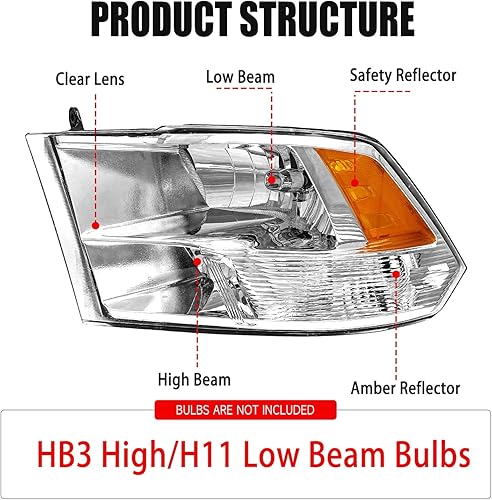 Miniatura 2 de PetGirl Conjunto de faros delanteros compatible con Dodge Ram 1500 2500 3500 2009-2018 Pickup con lámpara de parachoques, carcasa cromada, reflector