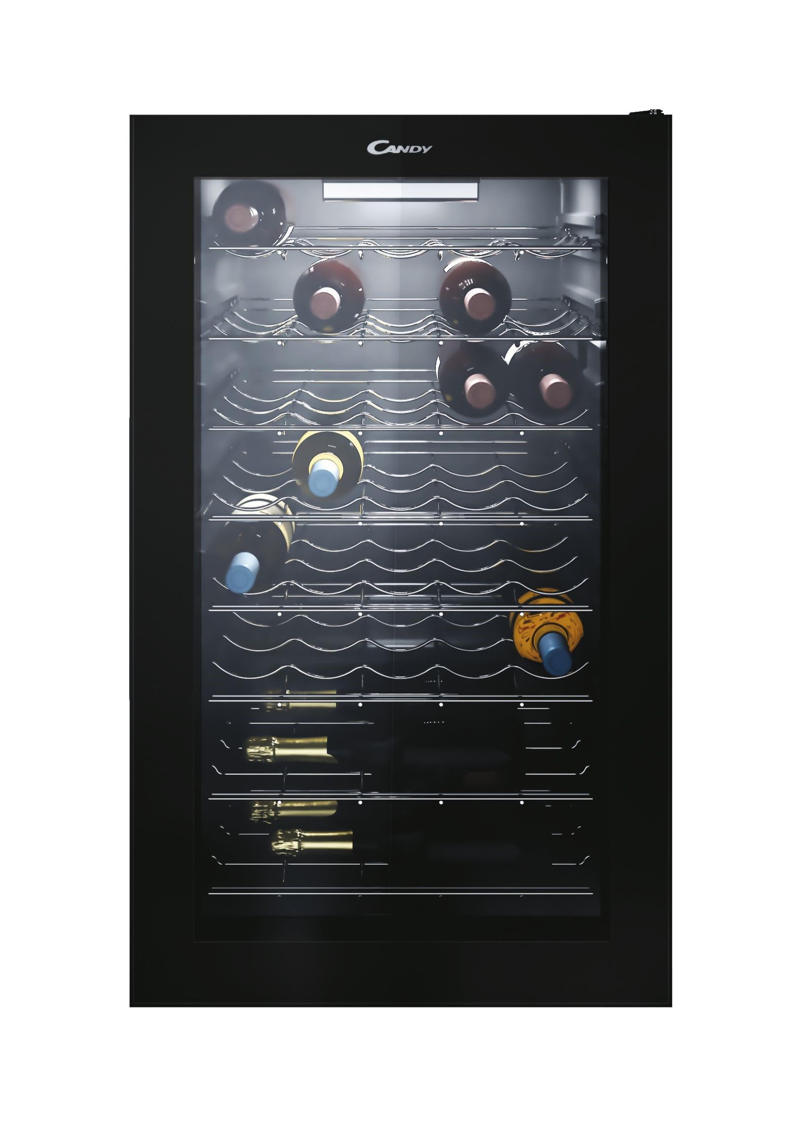 Candy DiVino CWC150EM/N Cantinetta Vino Refrigerata, 41 Bottiglie, Luci a LED e Trattamento Anti UV, Ripiani in Acciaio Inox, Porta Reversibile, 39 dBa, Libera Installazione, 49x55x84.5 cm, Nero