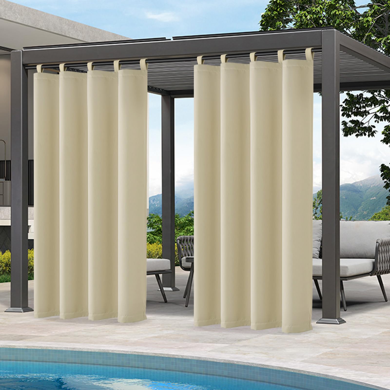 Qelus Outdoor Vorhang Wetterfest, Sonnenschutz mit Klettverschluss B132xH213cm, Outdoorvorhänge Wasserdicht für Balkon Sichtschutz Pavillon Pergola 