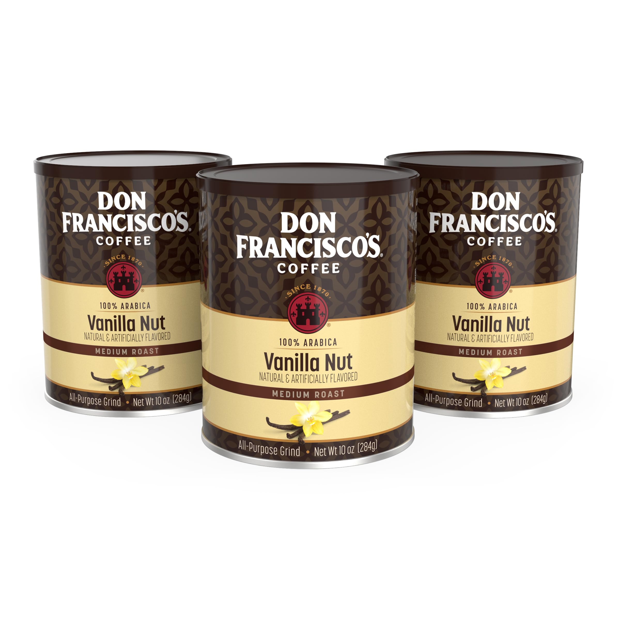 Don Francisco's Premium Vanilla Nut Ground Flavored Coffee: Rich, Aromatic 100% Arabica Beans - Family Crafted for a Delightful Morning Brew (3 x 10 oz Cans)
