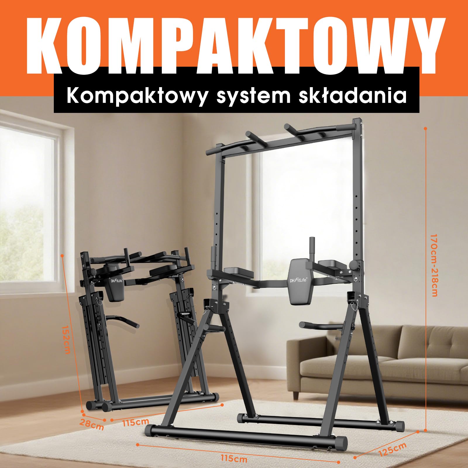 DH FitLife Składana Power Tower Dip Station do 210 kg | Wolnostojący Drążek do Podciągania z Poręczami do Dipów i Trenerem Pleców | Stacja Treningowa | Wieża Siłowa | Stacja Fitness do Domowej Siłowni