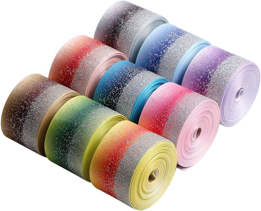 Shiny Glitter Grosgrain Ribbon, Assorted Bright Colors Fabric Handmade Hair Bows, Gift Giving Wrapping Party Decoration Sewing Projects Wedding Events, 45 Yards (9 Roll x 5 yd) by 1-1/2 inch