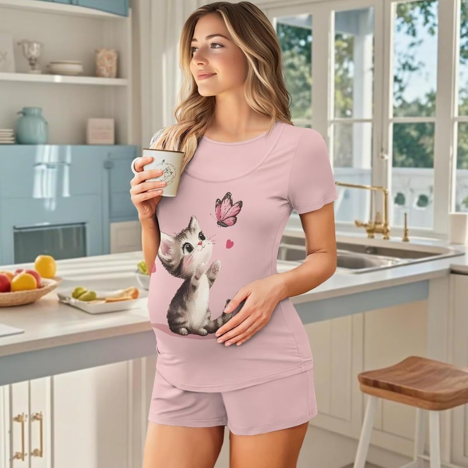 Women Maternity Nursing Pajama Sets, Breathable 2 Piece Nursing PJS for Summer S-2XL Size