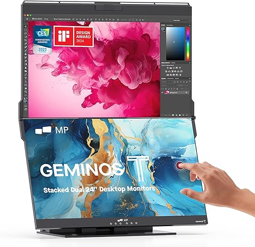 Geminos T - Monitor de computadora apilado dual (2 x 24 pulgadas) con estación de trabajo todo incluido, pantalla táctil de carga USB-C de 65 W,