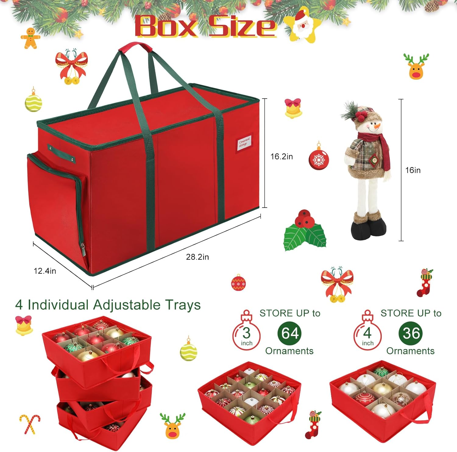 Large 2-in-1 Christmas Ornament Storage Box & Xmas Figurine Container,4 Separate Trays Keep 64-3"/ 36-4" Holiday Ornaments,Adjustable Extent Area for Figurines and Pockets for Decoration - Image 7