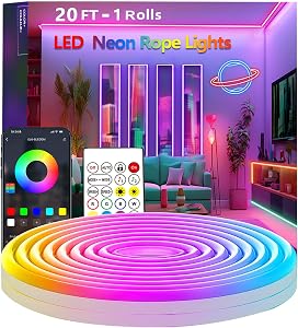 20Ft Neon Rope Lights,Flexible Led Rope Lights Control with App/Remote,Multiple Modes Rope Light,IP65 Outdoor Waterproof,Music Sync Light Strip for Bedroom