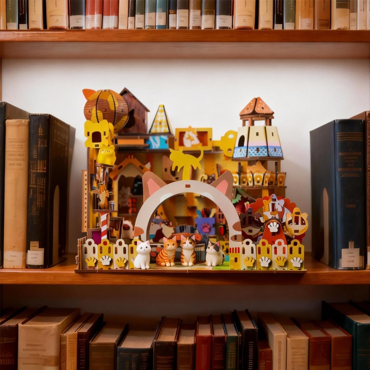 Cat’s Playground Booknook Kit, DIY 3D Wooden Puzzle Miniature Dollhouse, Cat's Theme Bookshelf Decor, Tiny House Model Building Set for Adults & Teens