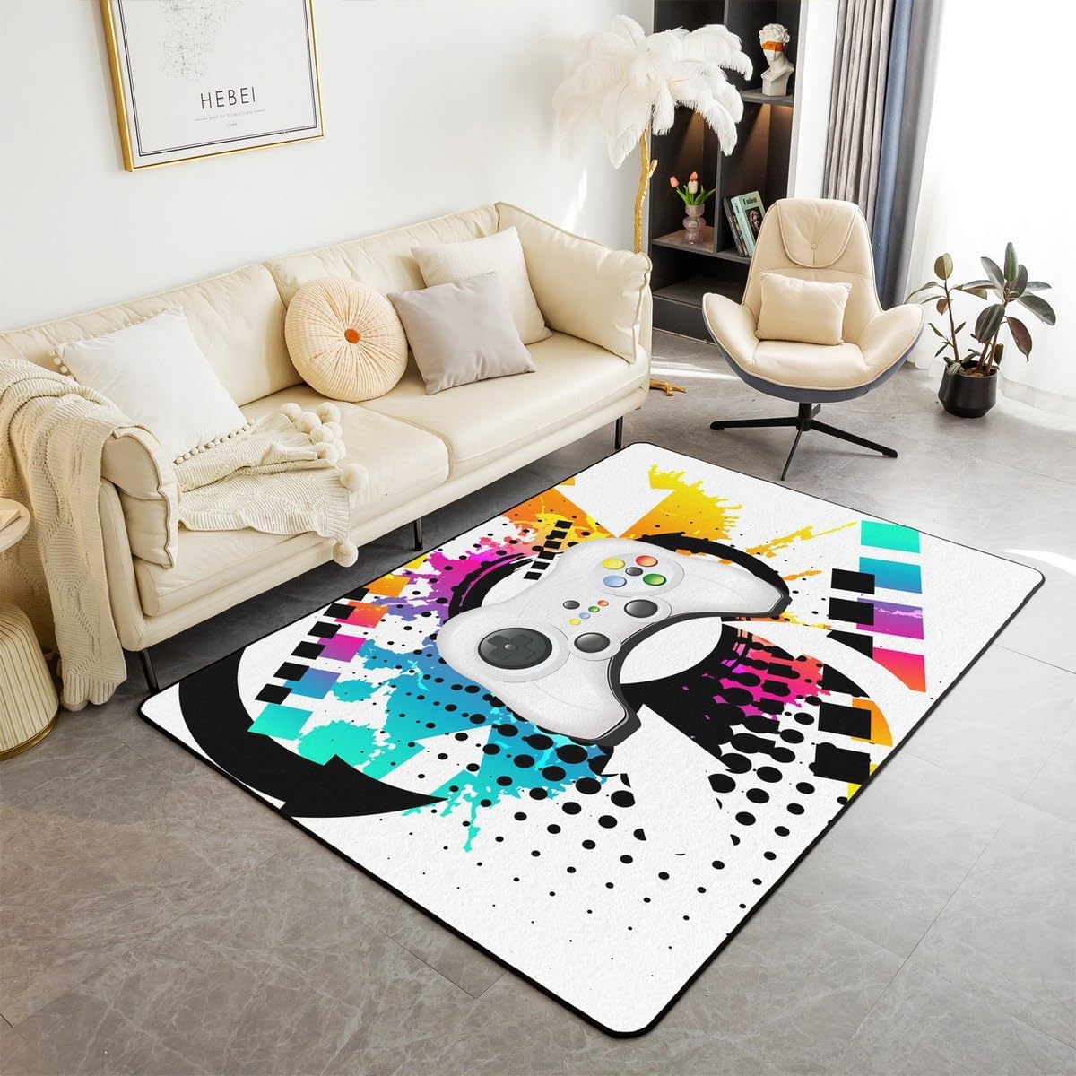 Erosebridal Gaming Carpet 4x5, Kids Gamepad Cartoon Area Rug, Video Games Gamers Rug, Hip Hop Graffiti Decorative Rug, Racing Car Accent Rug, Black White Printed Bedroom Playroom Decor