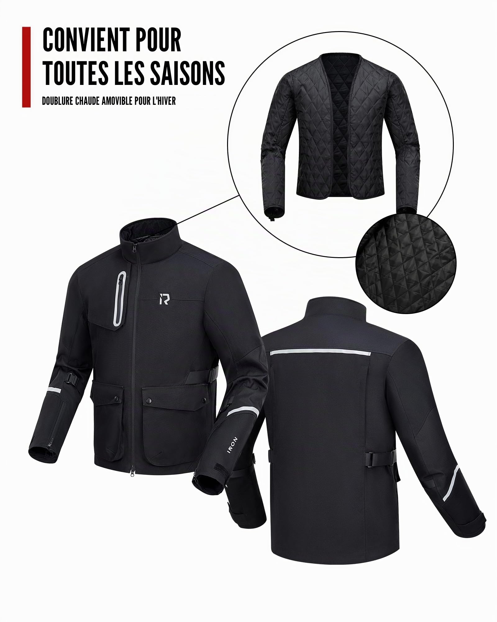 RIDEIRON Veste moto homme avec protections CE,Veste moto hiver avec doublure amovible pour protéger du froid et du vent en toutes saisons,Noir