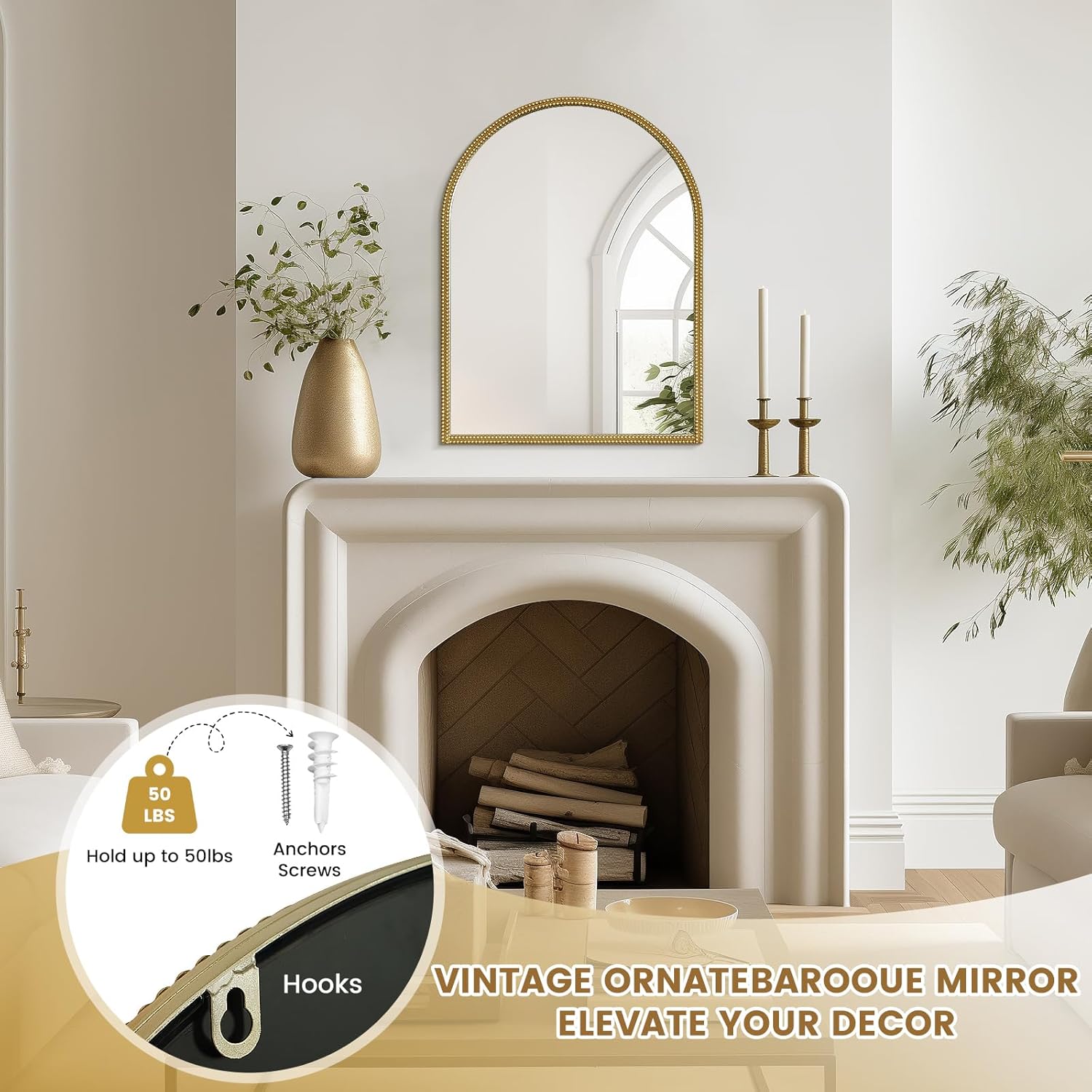 WallBeyond Gold Vintage Mirror for Vanity 24x32 Inch, Gold Antique Mirror with Ornate Beaded Frame for Bathroom, Living Room, Fireplace, Entryway