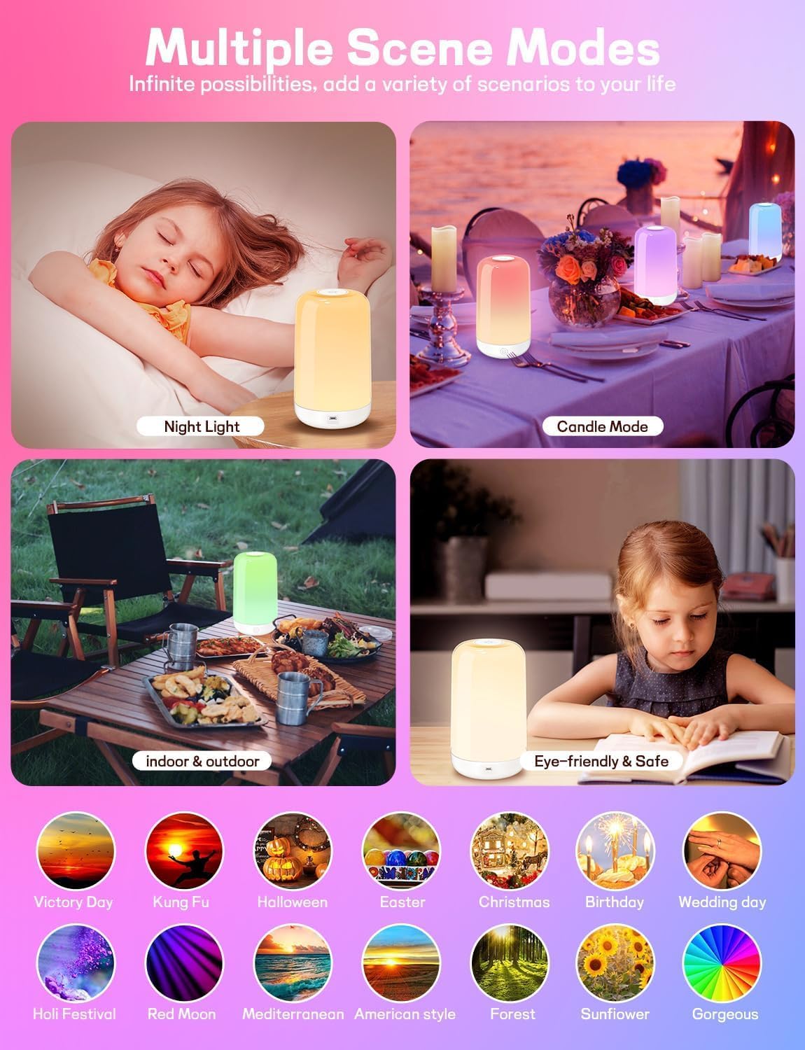 Smart Touch Bedside Table Lamp [Multi-Color & Warm Lights], 3600mA Cordless Small Table Lamp Rechargeable, 7 Colors & Fully Dimmable LED Night Lights for Bedroom Nightstand Nursery Living Room - Image 5