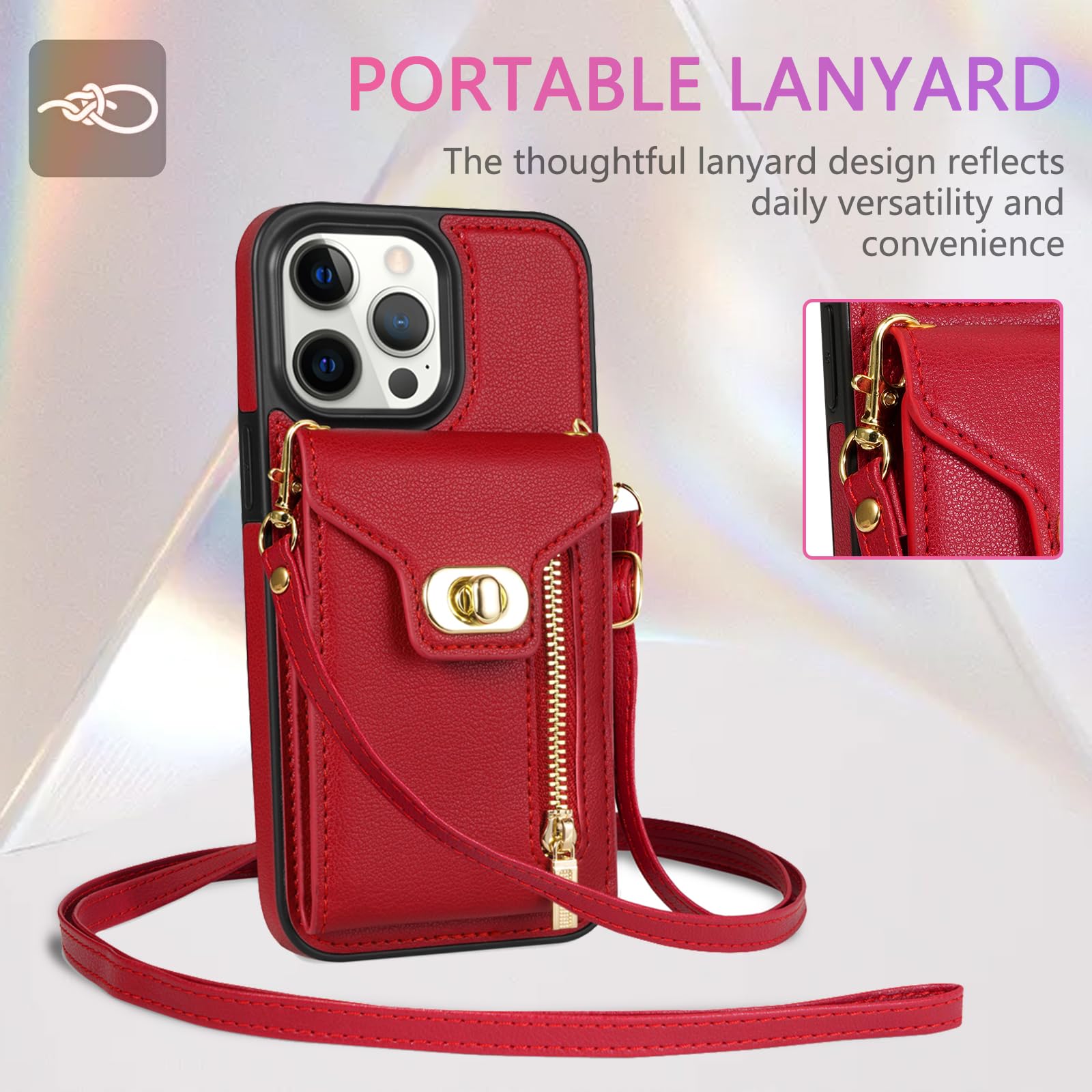 Asuwish Cover per iPhone 14 Pro con Cordino e Supporto Regolabile Pelle Portacarte Portafoglio Custodia per protettiva i-Phone 14Pro i Phoenix Procover Cellulare Case Rosso