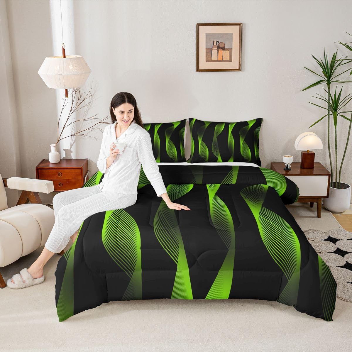 Striped Comforter Twin, Geometric Stripes Bedding Comforter Sets For Kids Boys Girls Teens Adult, Ombre Gradient Lines Quilt Green Black Modern Abstract Art Duvet Insert (1 Comforter, 1 Pillowcase)