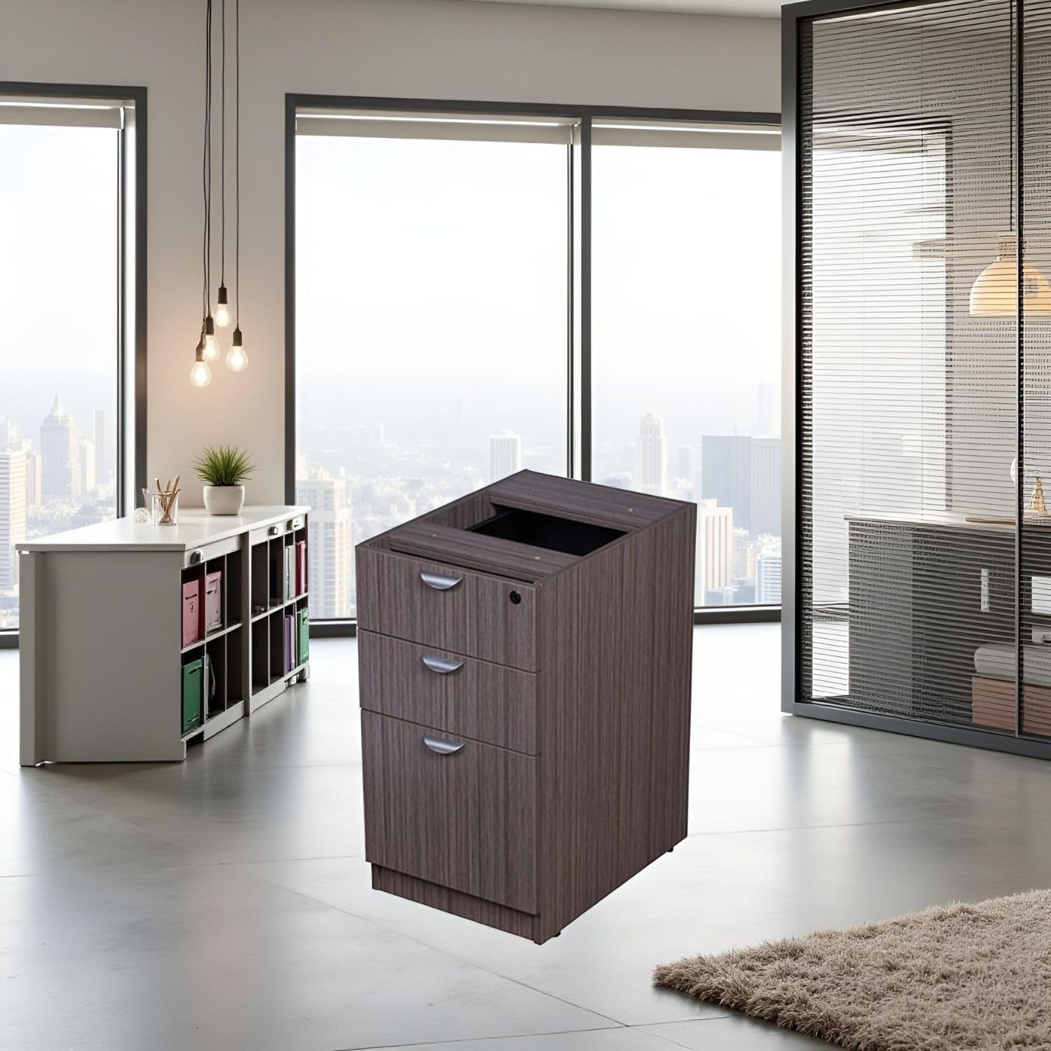 Driftwood Laminate Deluxe Locking Pedestal Two Box Drawers File Cabinet Desk Thermal Fused Melamine Construction with 3mm PVC Edge Banding Scratch Resistant Finish Contemporary Design