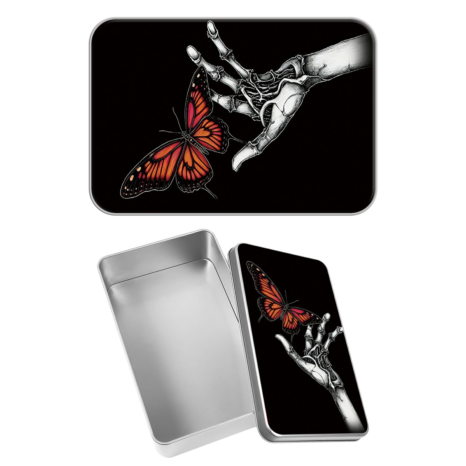 Rectangular Metal Tin Box with Removable Lid, Skull Butterfly Decorative Printed Metal Storage Container for Sweets Jewelry Tea Candies Cakes 7 x 4.33 x 2.17 inch– Single Pack
