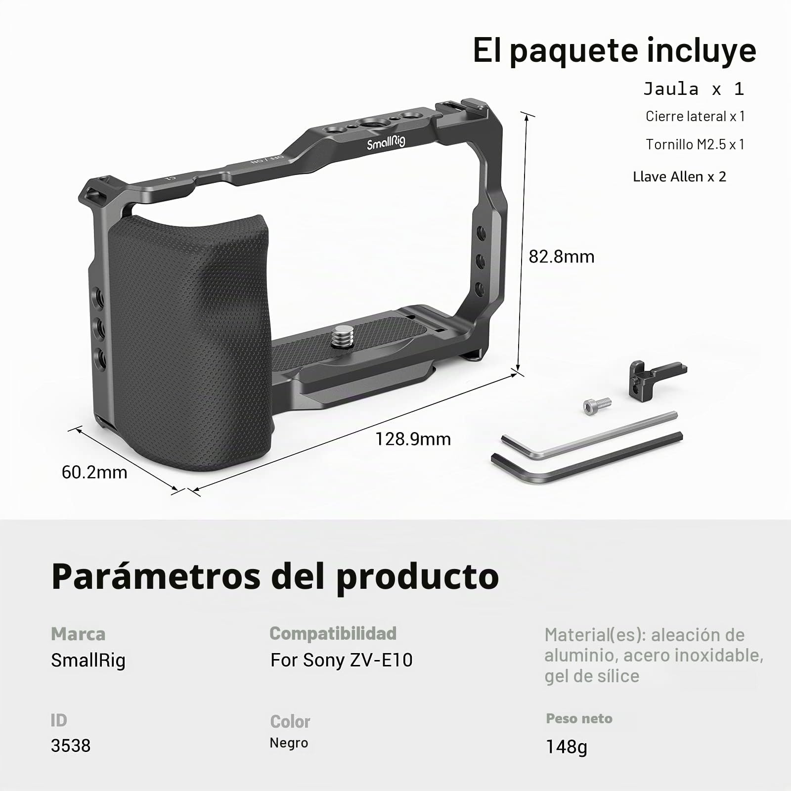 SMALLRIG ZV E10 Cage con Agarre de Silicona Extraíble y Placa de Liberación Rápida Incorporada para Sony ZV-E10-3538B