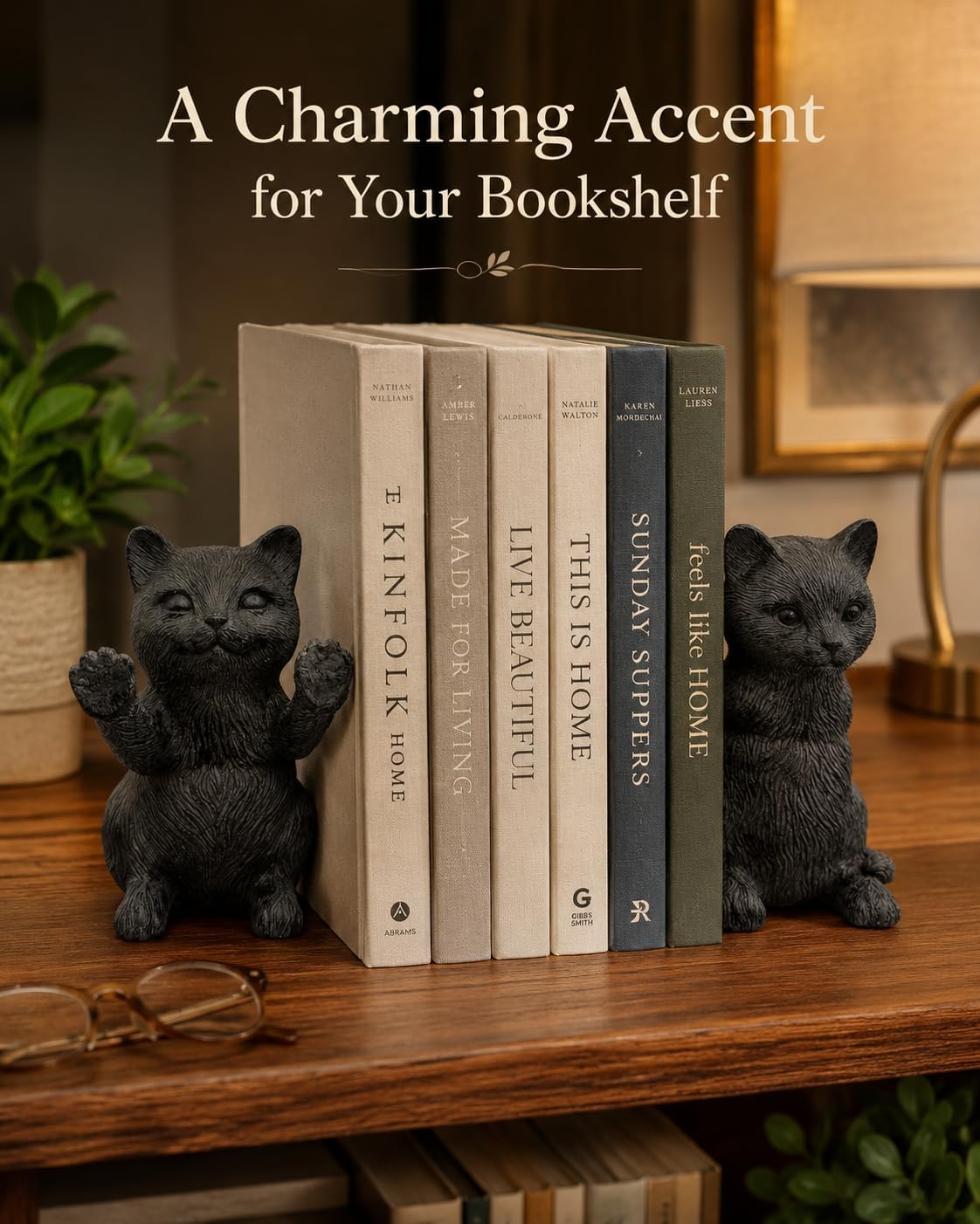 Set of 2 Black Resin Cat Bookends, Cute Cat Decorative Bookends for Shelves, Heavy Cat Figurine Book Supports for Bookshelf, Desk, Office, Living Room, Study Room Decor, Gift for Cat Lovers (Cat)