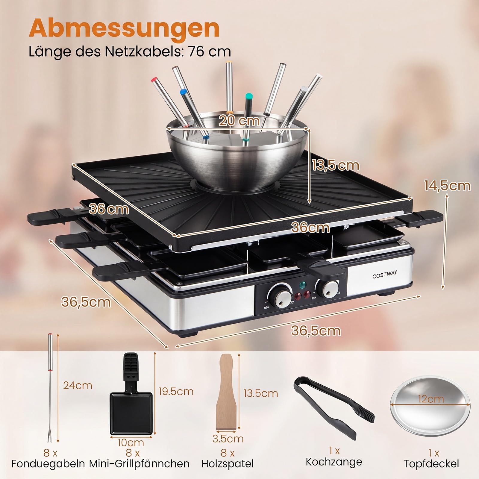 COSTWAY Grill elektryczny 3 w 1 do raclette i fondue, 2200 W grill