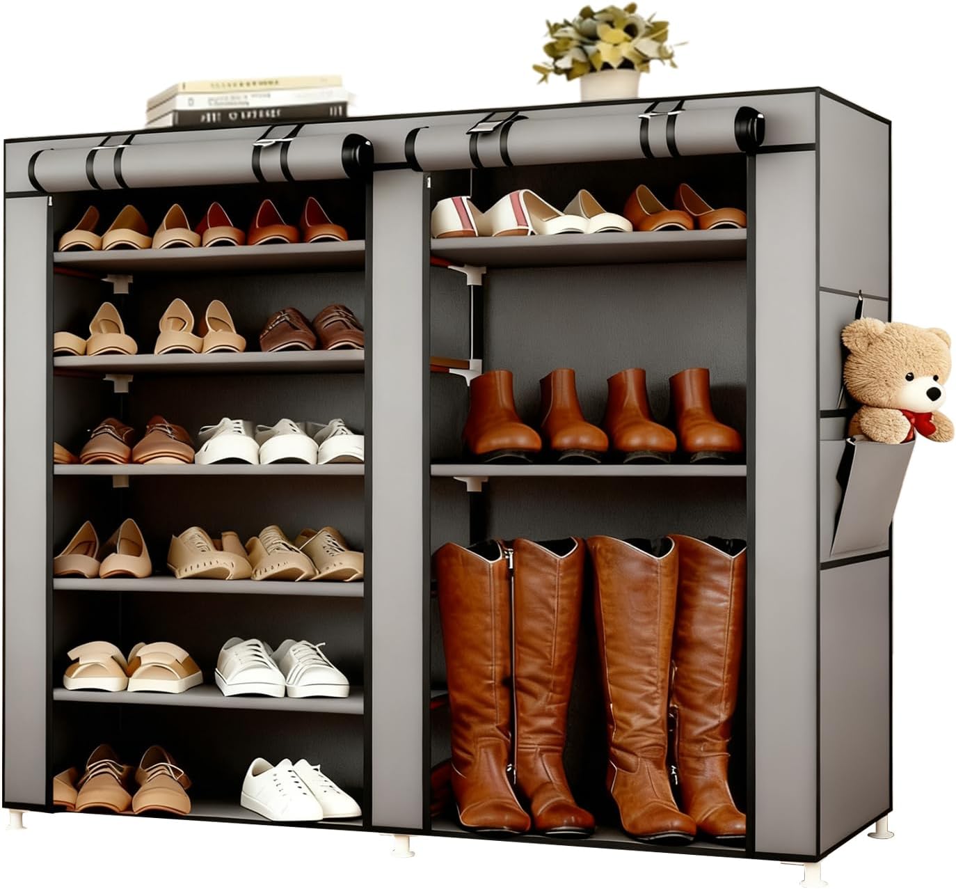 Double Row Shoe Rack with Cover,6-Tier Shoes Stand Holder Shelf 30 Pairs, Large Capacity Shoe Organizer for Sneakers,Boots, All-Season Zapateras Storage Cabinet for Entryway, Closet (Gray)