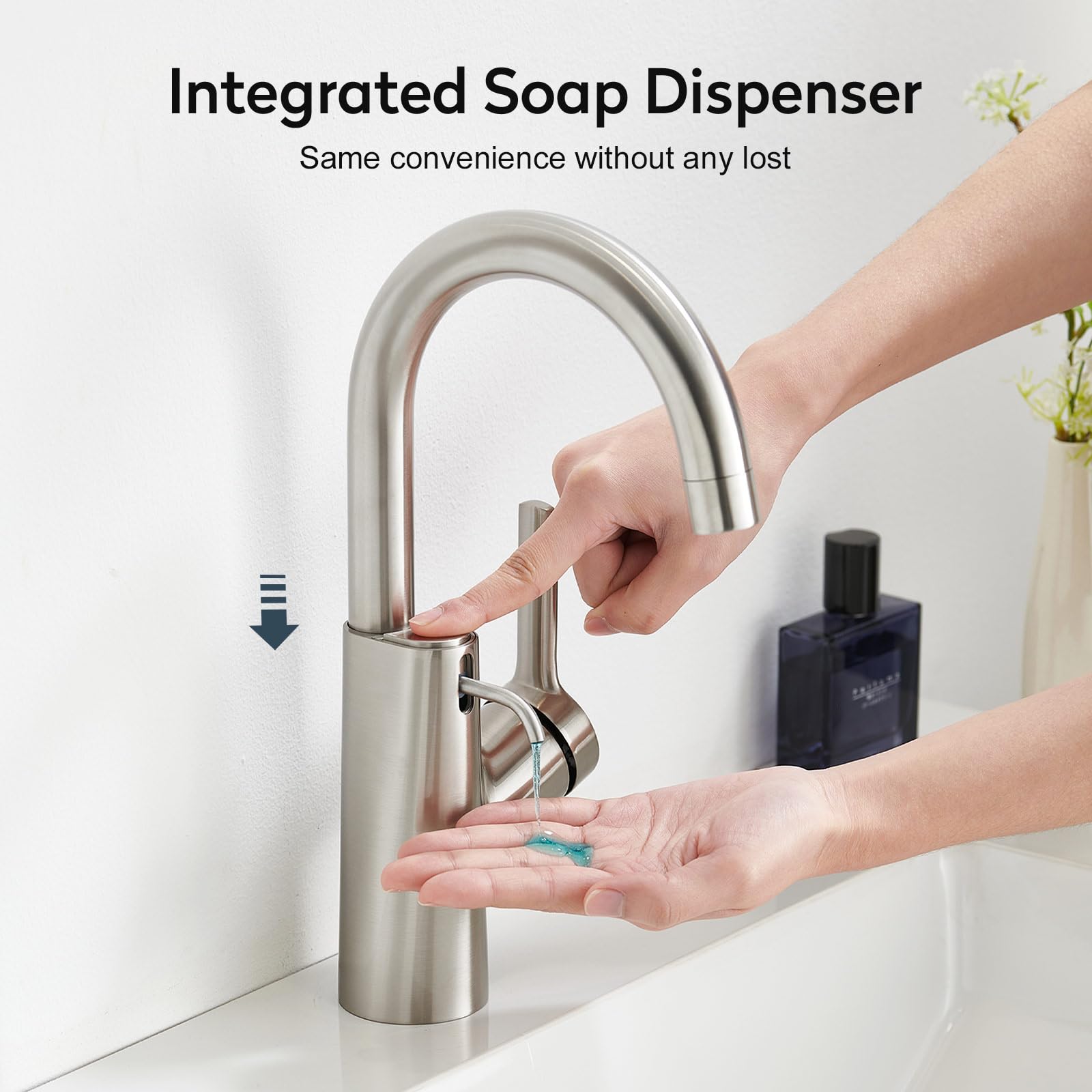 Rubinetto per Lavabo da Bagno con Distributore di Sapone, Miscelatore Monocomando, spazzolato