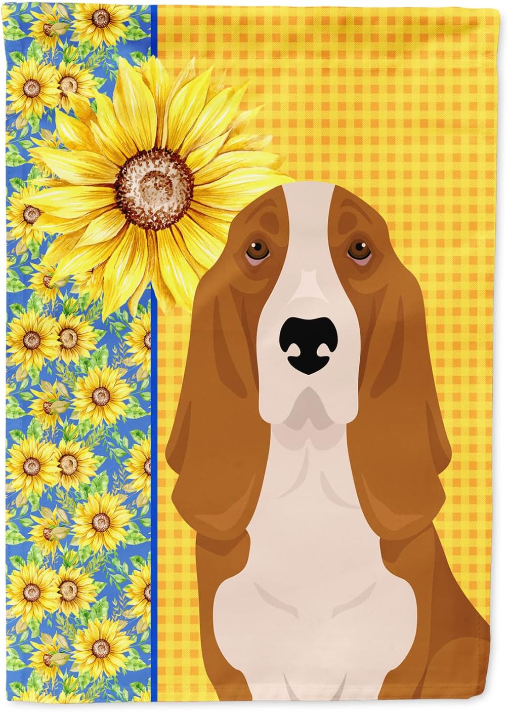 Caroline's Treasures WDK5326CHF Summer Sunflowers Red and White Tricolor Basset Hound House Flag Large Porch Sleeve Pole Decorative Outside Yard Banner Artwork Wall Hanging, Polyester, House Size, Mul