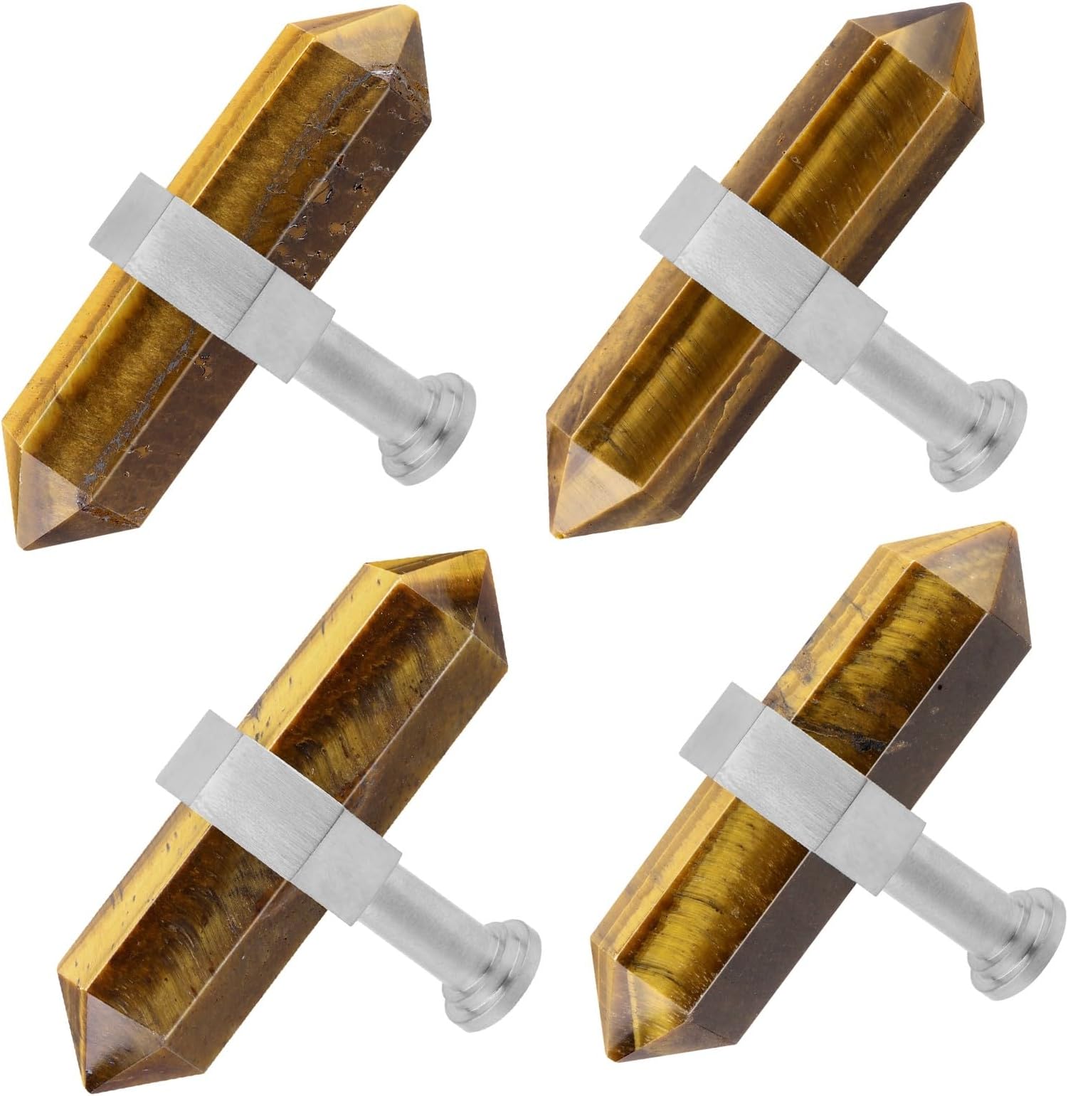 moonsix Pack of 4 Double Pointed Hexagonal Drawer Handles Silver Crystal Stone Knobs with Screws for Kitchen Cabinet Dresser Decor, Tiger's Eye Stone