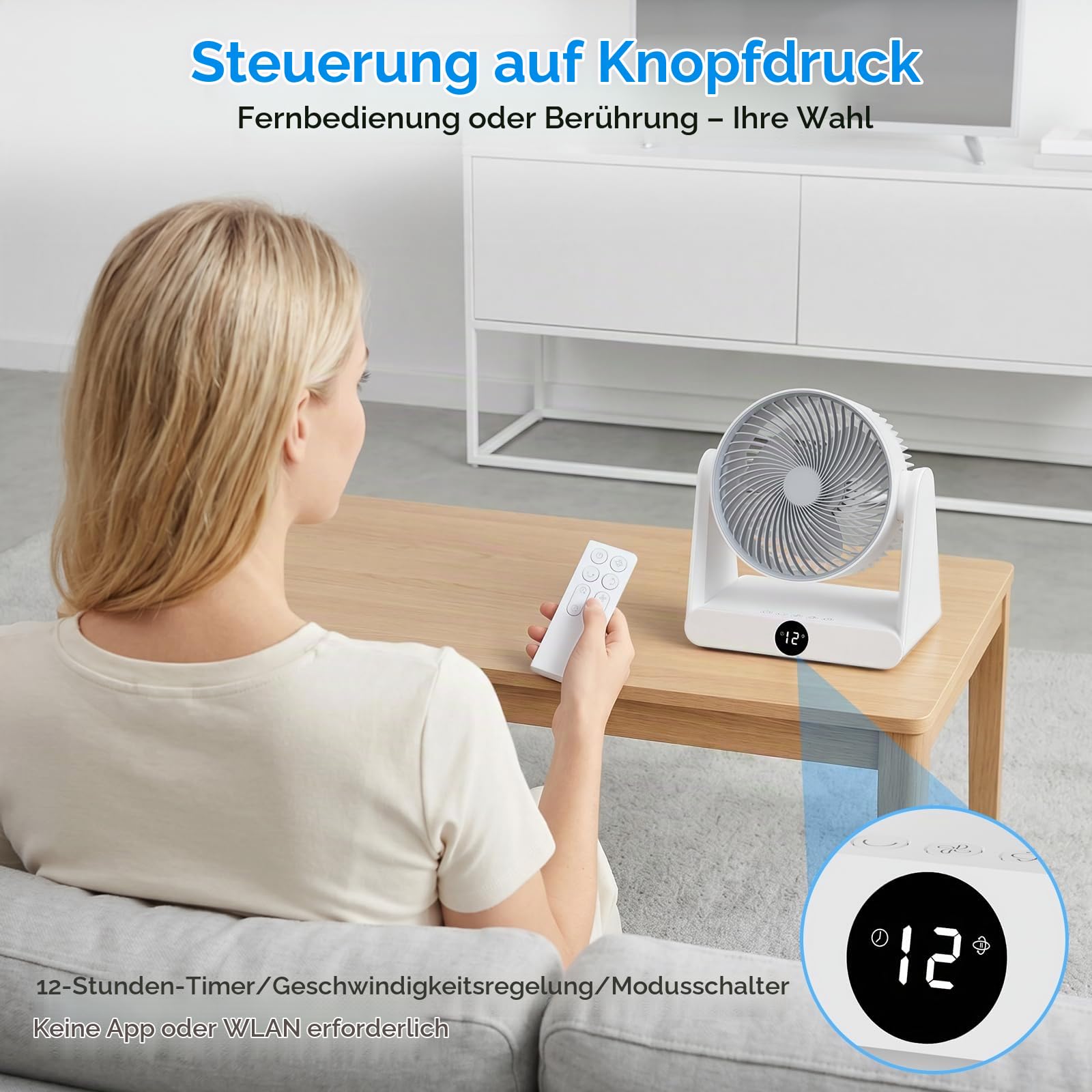 Leiser Ventilator mit Fernbedienung,Tischventilator 28 DB,12-Geschwindigstufe 12H Timer, 90° Auto oszillierend,DC-Frequenzumwandlung, 3D Turbo-Luftzirkulator, für Büro, Schlafzimmer, 30 m²