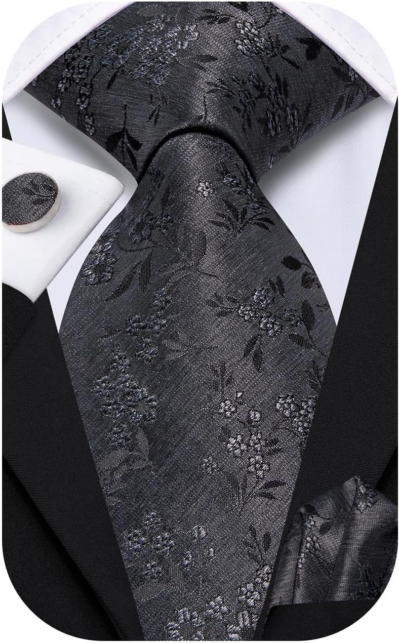 Mens Tie Set Solid Paisley Silk Striped Necktie for Men with Cufflinks Tie and Pocket Square