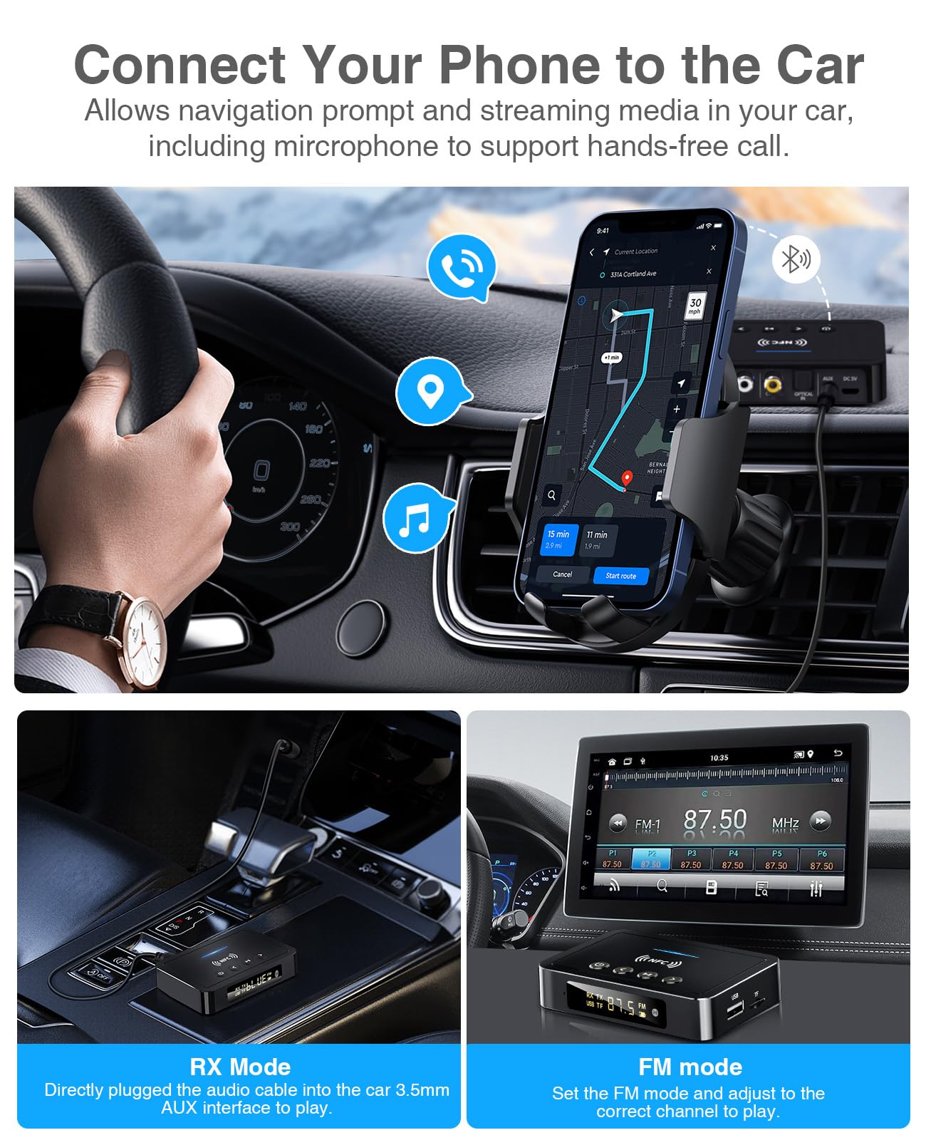 Trasmettitore Bluetooth, Adattatore Ricevitore Trasmettitore Bluetooth 5.0 3 in 1, Trasmettitore FM con Cavo RCA/AUX, Adattatore Audio Wireless per Sistema Stereo/TV/PC/Cuffie/Altoparlanti
