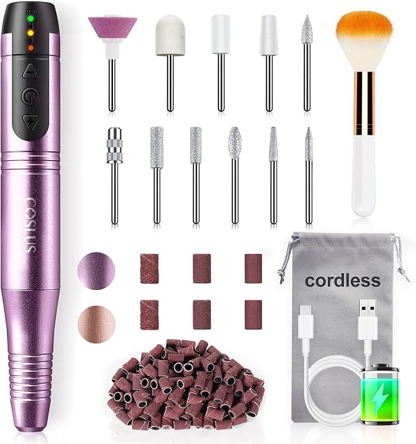 Nail Drill Cordless Portable Electric Manicure and Pedicure Set, 11 Nail Drill Bits Professional Nail Files for Acrylic Gel Nails, Cuticles Hard Skin, 20000RPM Adjustable Speed Rechargeable E File