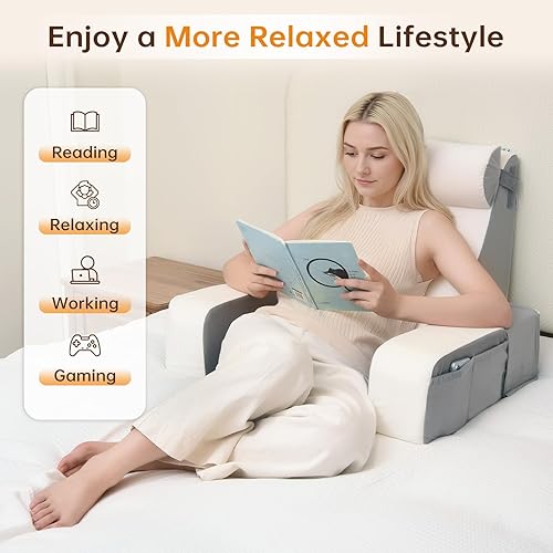 Miniatura 7 de Vekkia Almohada de lectura de 21 pulgadas para sentarse en la cama  Almohada ergonómica de 60 con cuña trasera, bolsillos laterales XL, silla de